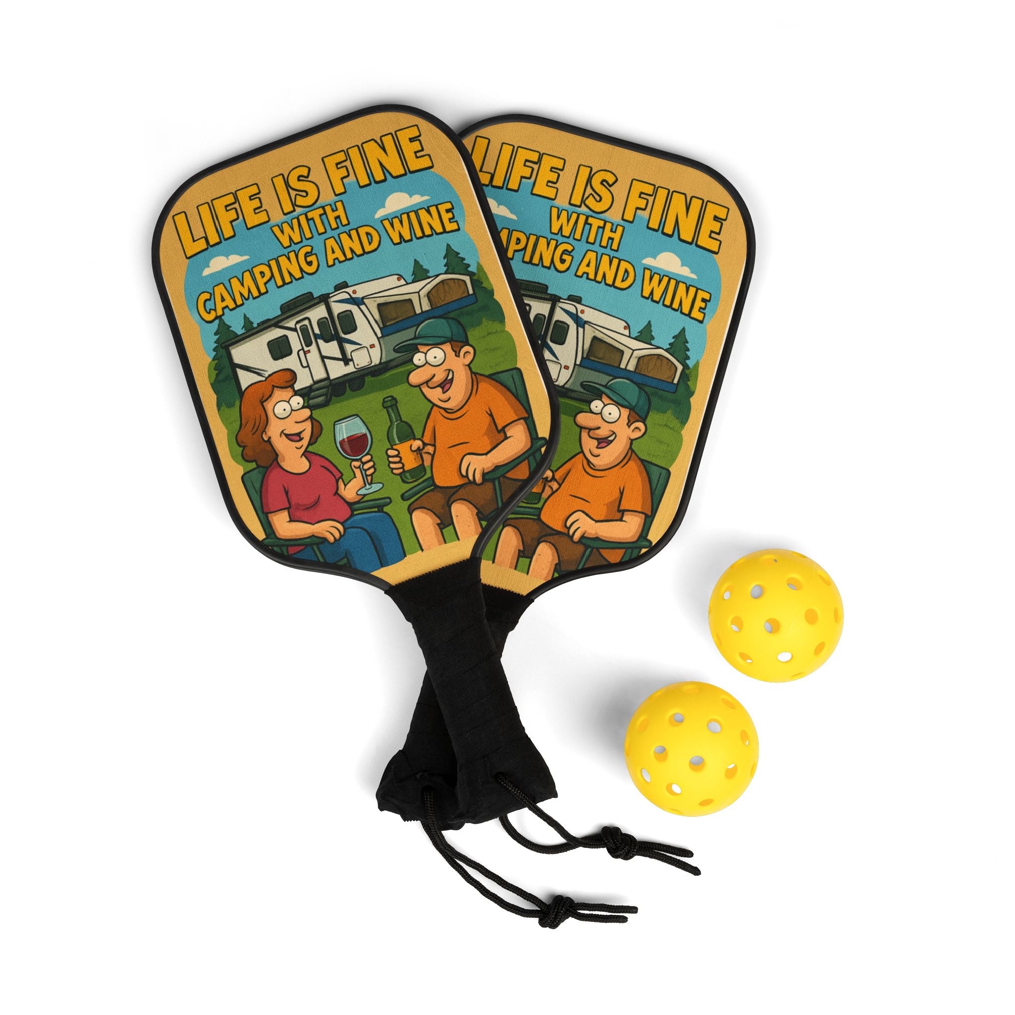 Pickleball Paddle Set: Life is Fine with Camping and Wine, Outdoor Fun, Summer Activities, Fitness Gift, Unique Sports Gear