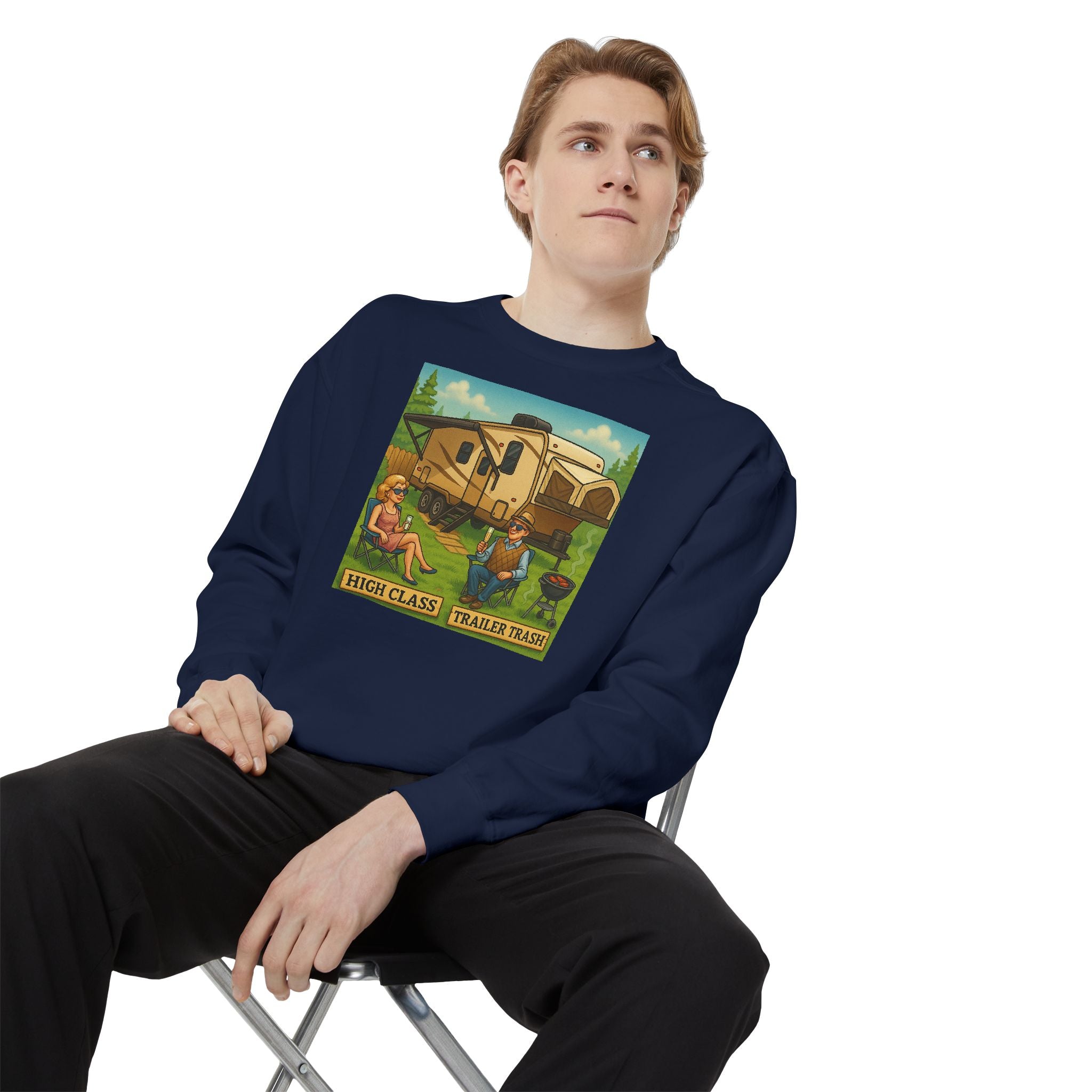Vintage-Inspired Unisex Sweatshirt with 'High Class Trail Trash' Design