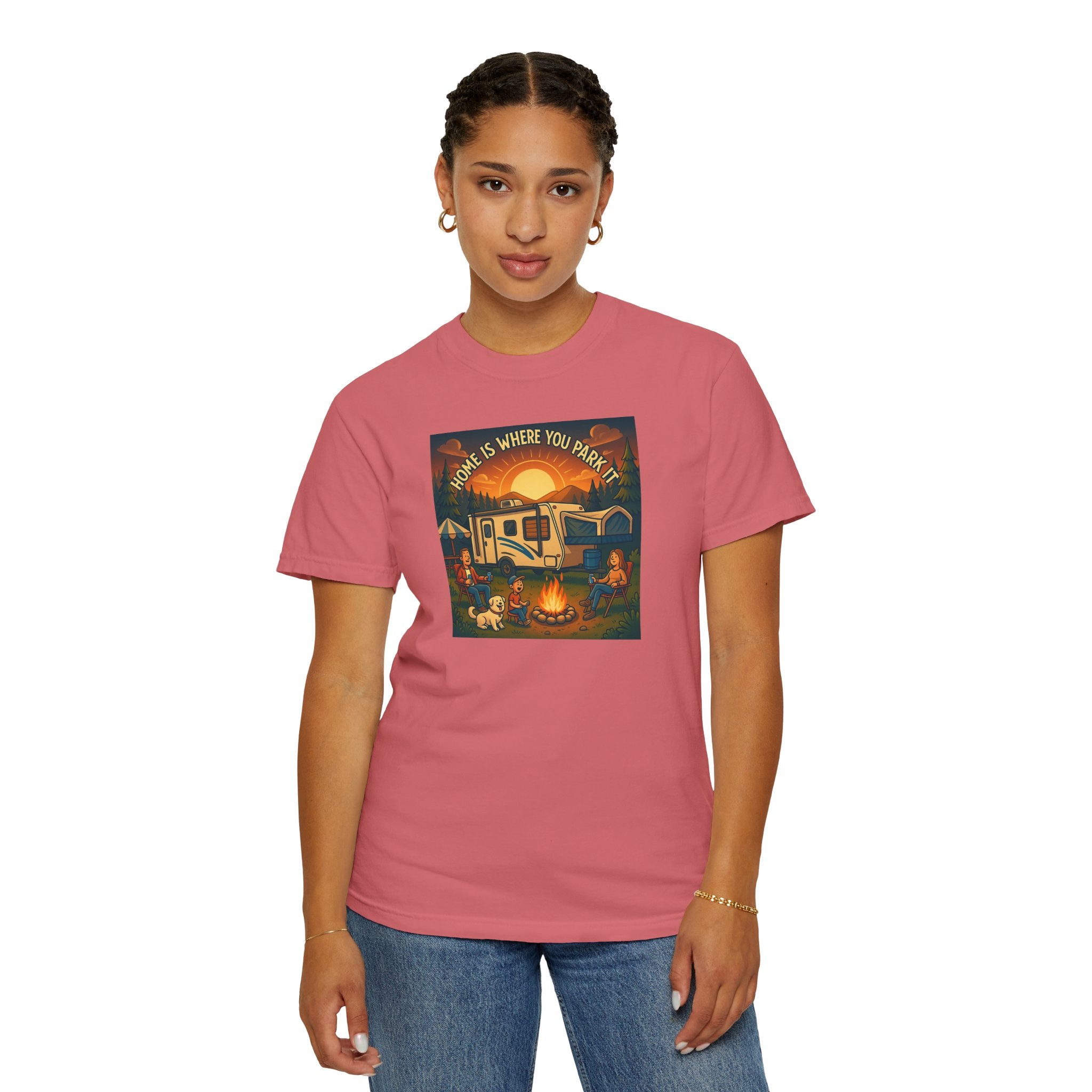 Home Is Where You Park T-shirt - Unisex Garment-Dyed Tee for Campers, Adventure Lovers, Outdoor Enthusiasts, Gift Idea