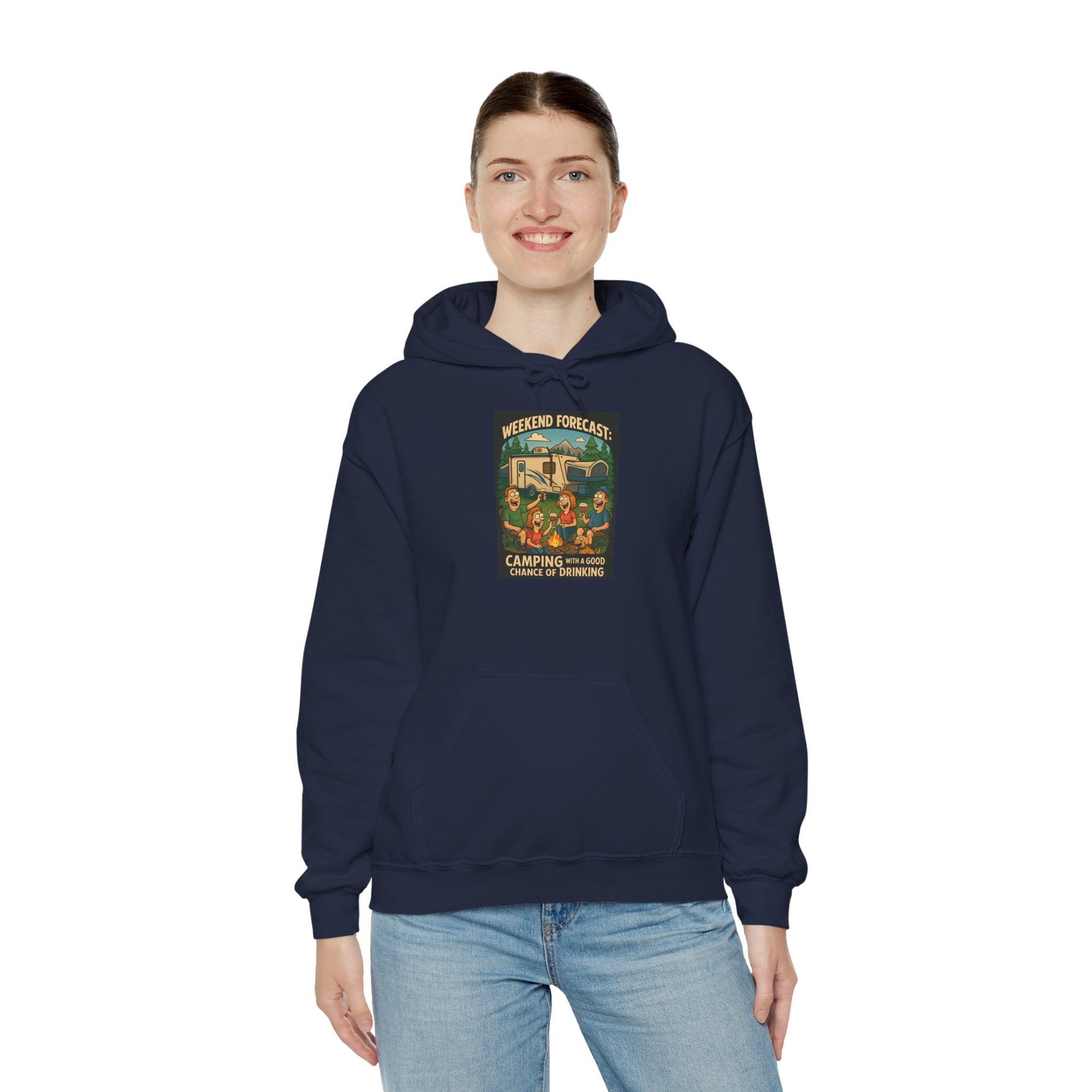 Camping Forecast Graphic Hoodie, Unisex Heavy Blend Sweatshirt, Outdoor Apparel, Weekend Getaway Gift, Nature Lover Clothing