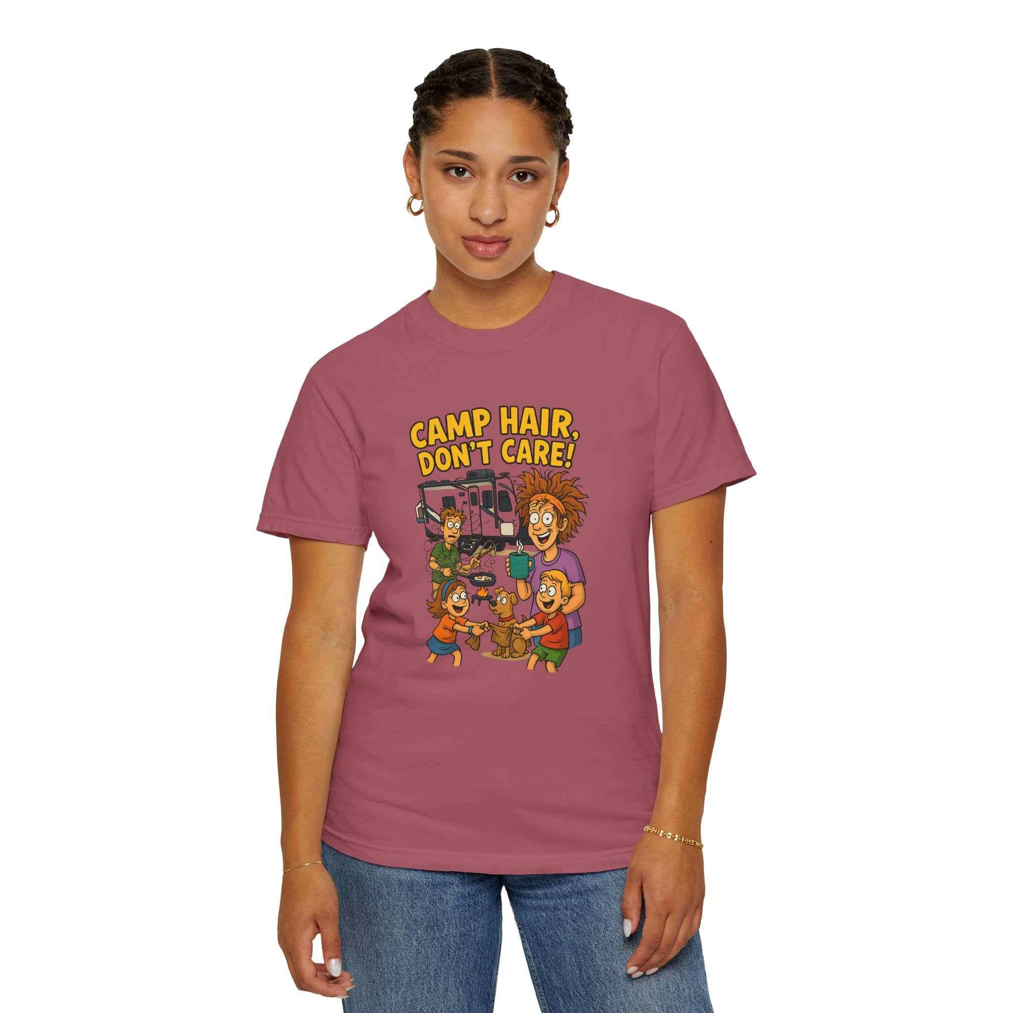 Camp Hair Don't Care T-Shirt, Unisex Garment-Dyed Tee, Camping Apparel, Funny Summer Shirt, Outdoor Lovers Gift, Vacation Essential