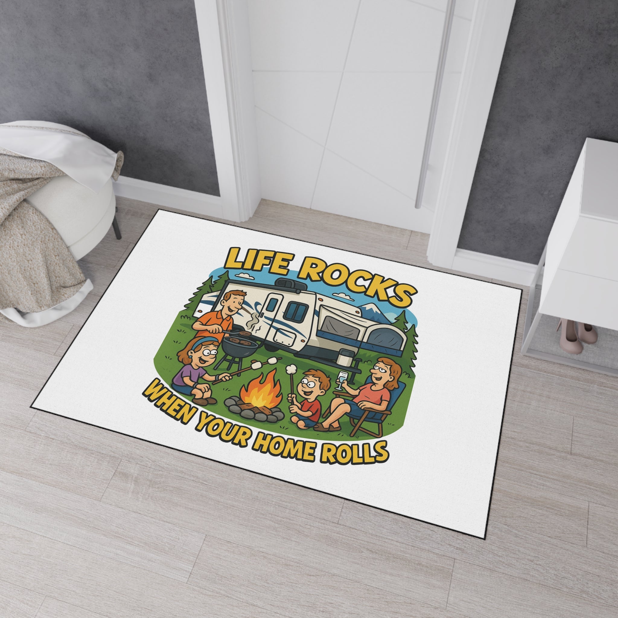 Stylish Camping Floor Mat - 'Life Rocks When Your Home Rolls' Cozy Outdoor Rug, RV Decor, Family Gathering Pad, Campfire Mat, Fun [...]