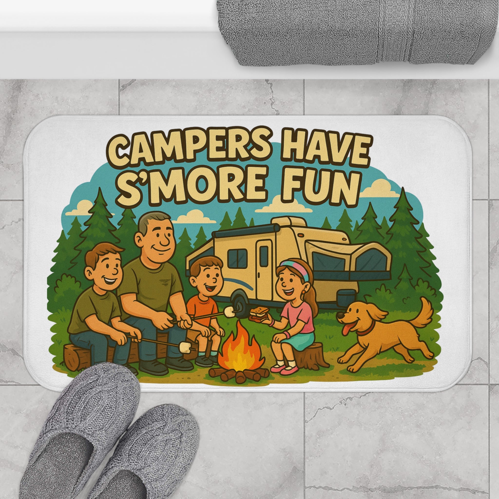 Camping Bath Mat - Fun Campers Design, Outdoor Decor, S'mores Lovers Gift, Bathroom Accessory, Family Camping Theme