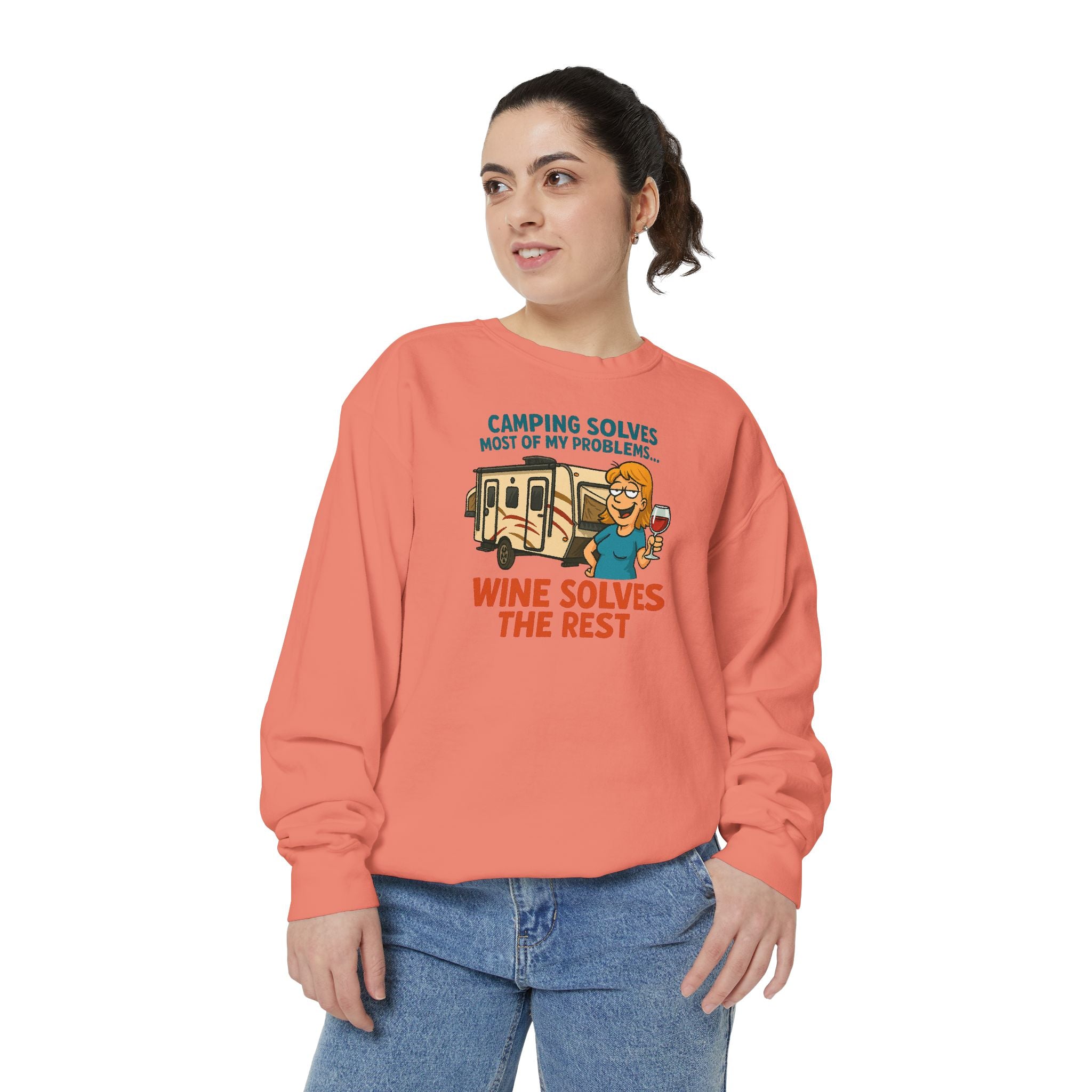 Camping Wine Sweatshirt | Unisex Garment-Dyed Pullover | Cozy Gift for Campers | Outdoor Adventures Apparel | Relaxed Fit Top
