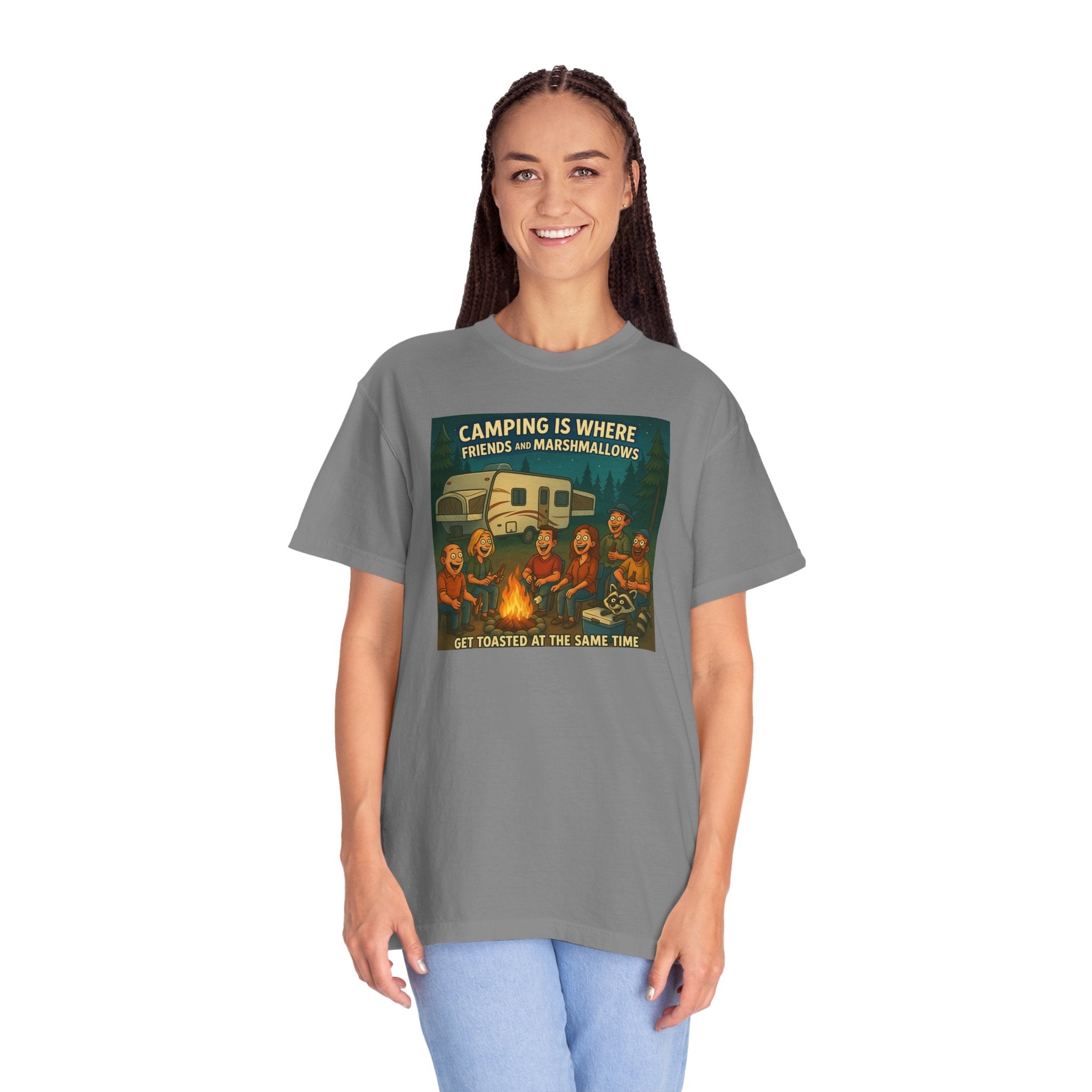 Camping T-Shirt: Get Toasted with Friends, Unisex Garment-Dyed Tee, Outdoor Adventure Shirt, Camping Gift, Summer BBQ Shirt, Family [...]