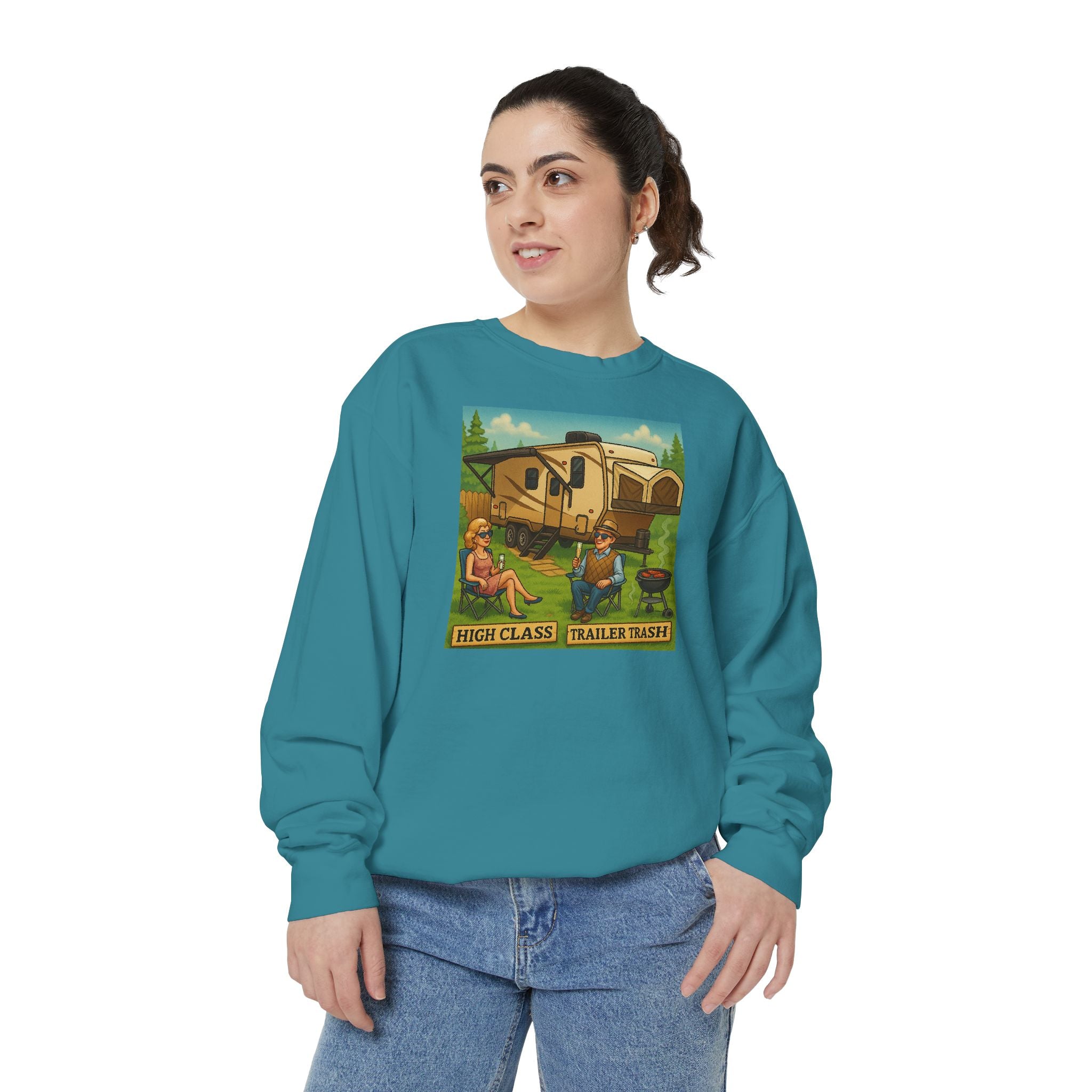 Vintage-Inspired Unisex Sweatshirt with 'High Class Trail Trash' Design