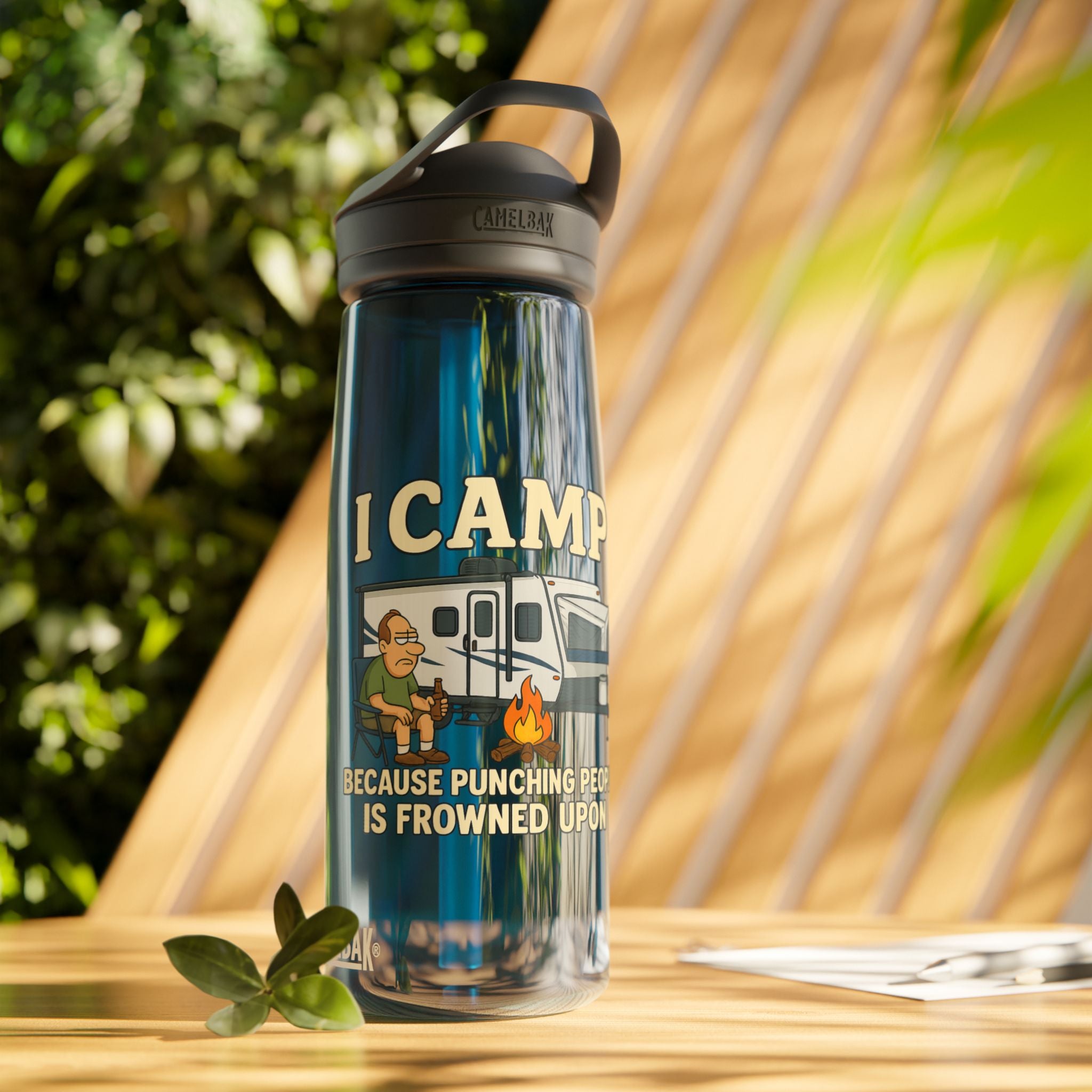 Funny Camping Water Bottle - I Camp Because Punching People is Frowned Upon
