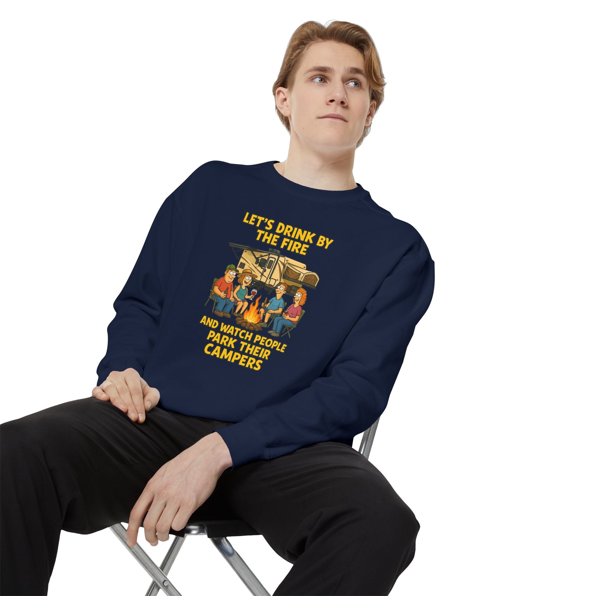 Cozy Campfire Sweatshirt - Let’s Drink by the Fire, Unisex Pullover, Perfect for Bonfires, Camping Trips, Outdoor Gatherings, Cozy Nights