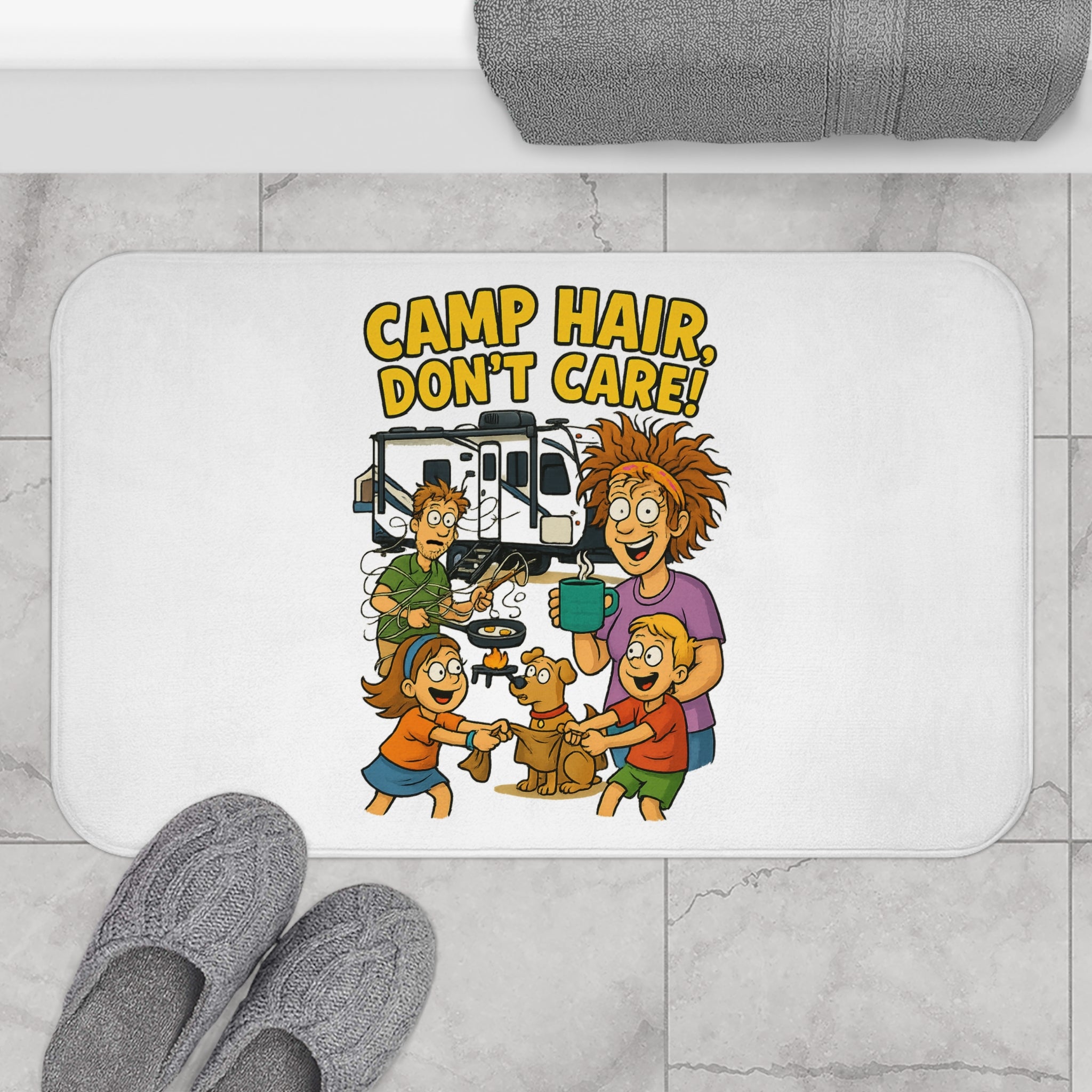 Fun Family Bath Mat - Camp Hair Don't Care! Funny Bathroom Decor, Camping Gifts, Kids Bath Accessories, Funny Home Decor