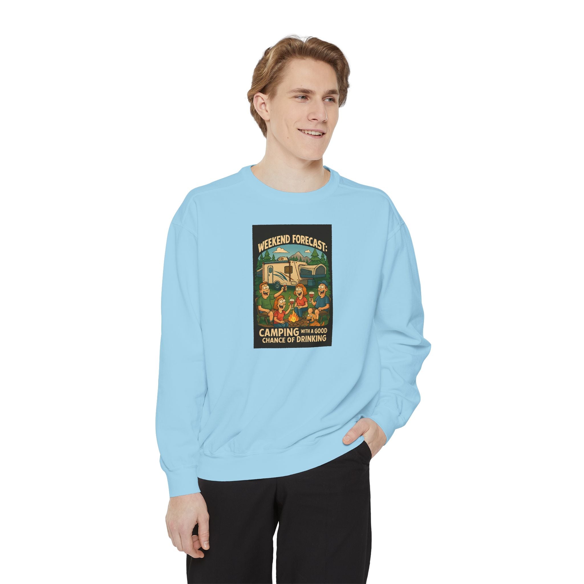 Weekend Forecast Camping Sweatshirt, Cozy Unisex Sweatshirt, Gift for Campers, Outdoor Adventure Apparel, Relaxed Fit Sweatshirt