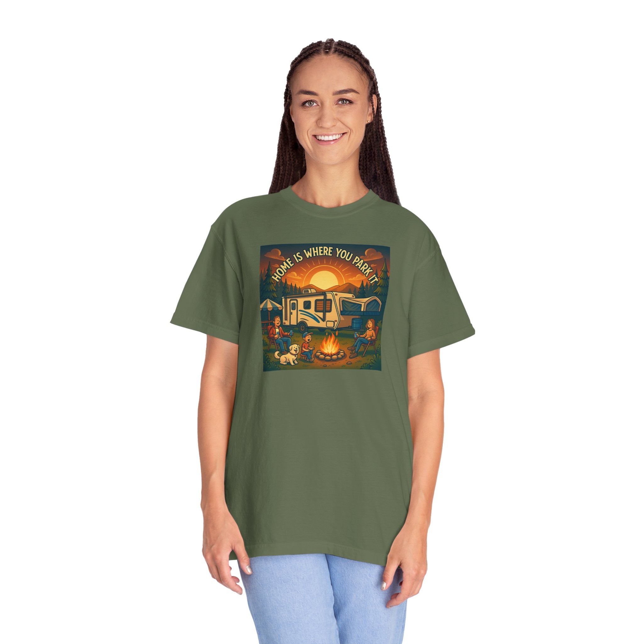 Home Is Where You Park T-shirt - Unisex Garment-Dyed Tee for Campers, Adventure Lovers, Outdoor Enthusiasts, Gift Idea