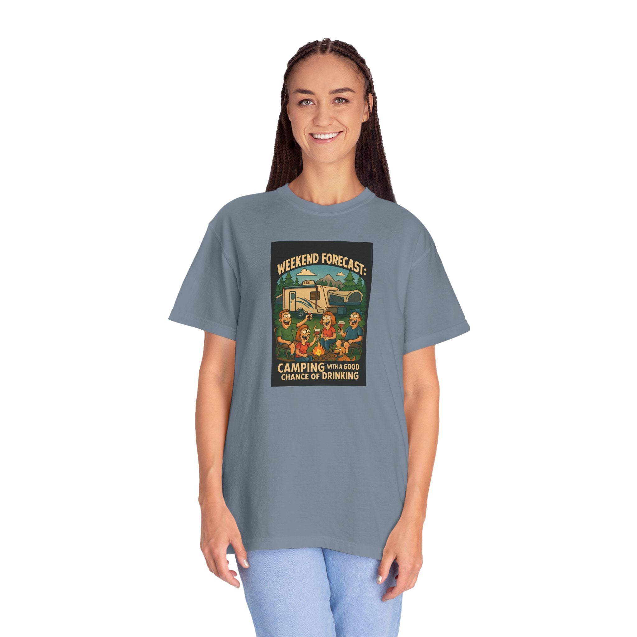 Camping Forecast T-Shirt, Unisex Graphic Tee, Gift for Campers, Outdoor Adventure Apparel, Weekend Getaway Shirt, Nature Lover's Tee