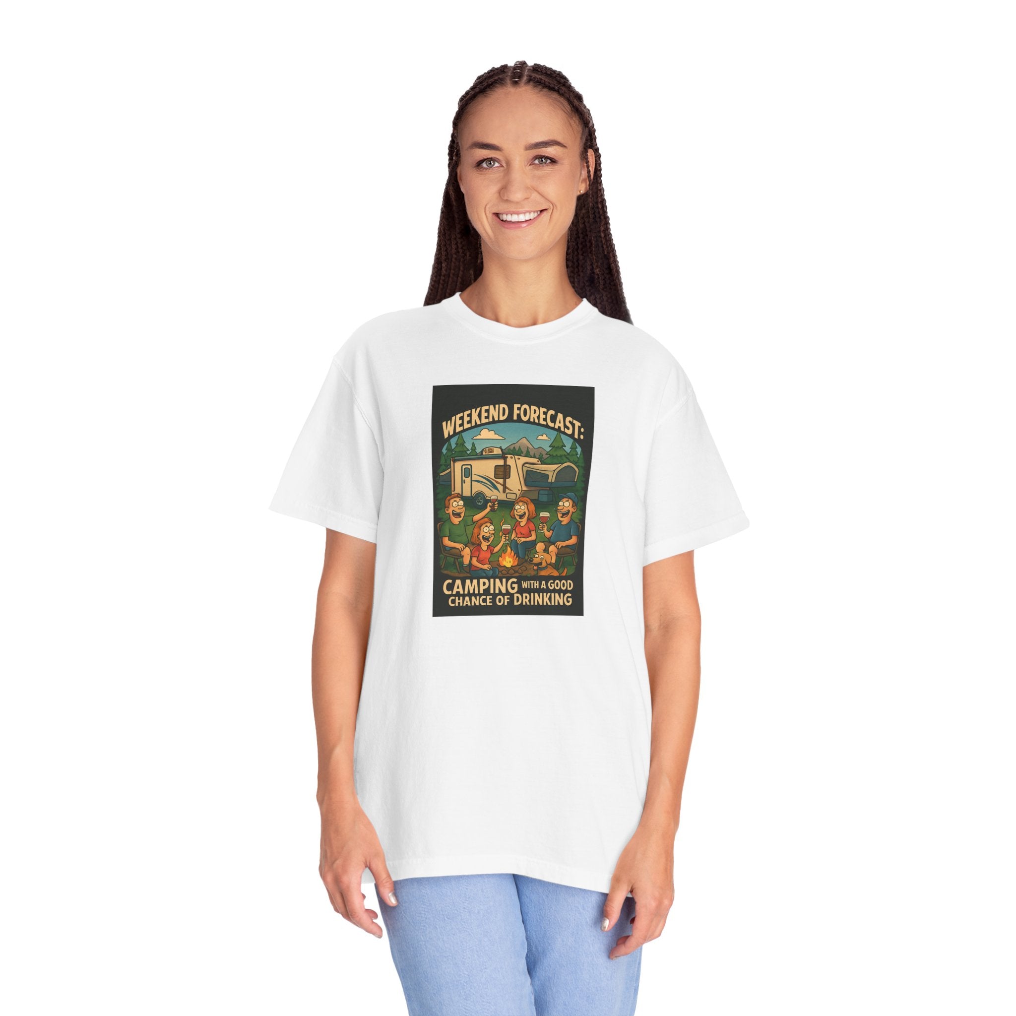 Camping Forecast T-Shirt, Unisex Graphic Tee, Gift for Campers, Outdoor Adventure Apparel, Weekend Getaway Shirt, Nature Lover's Tee
