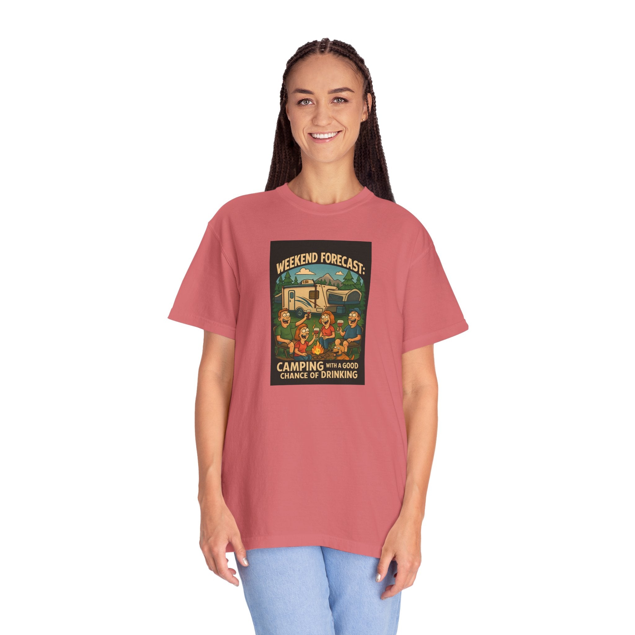 Camping Forecast T-Shirt, Unisex Graphic Tee, Gift for Campers, Outdoor Adventure Apparel, Weekend Getaway Shirt, Nature Lover's Tee