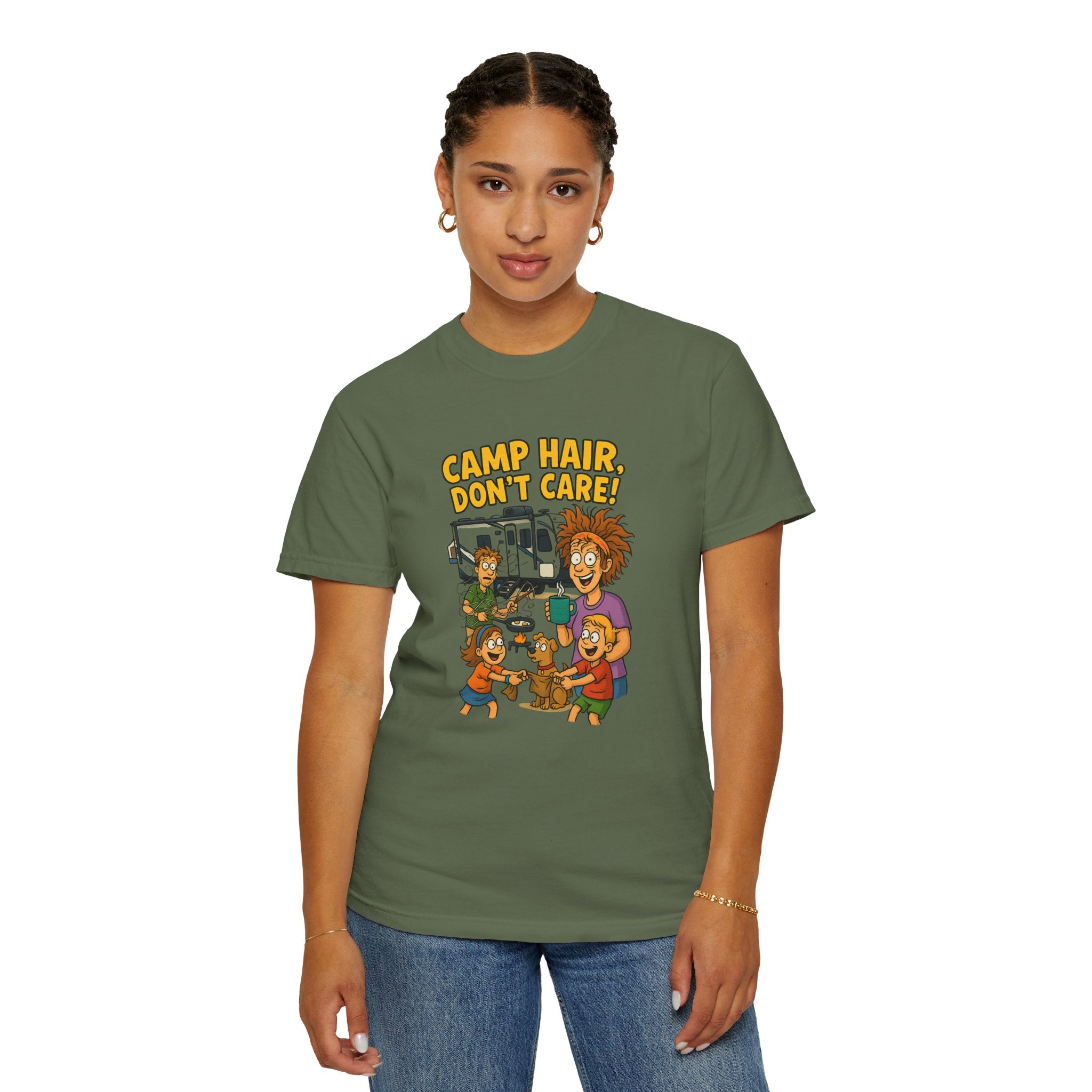 Camp Hair Don't Care T-Shirt, Unisex Garment-Dyed Tee, Camping Apparel, Funny Summer Shirt, Outdoor Lovers Gift, Vacation Essential