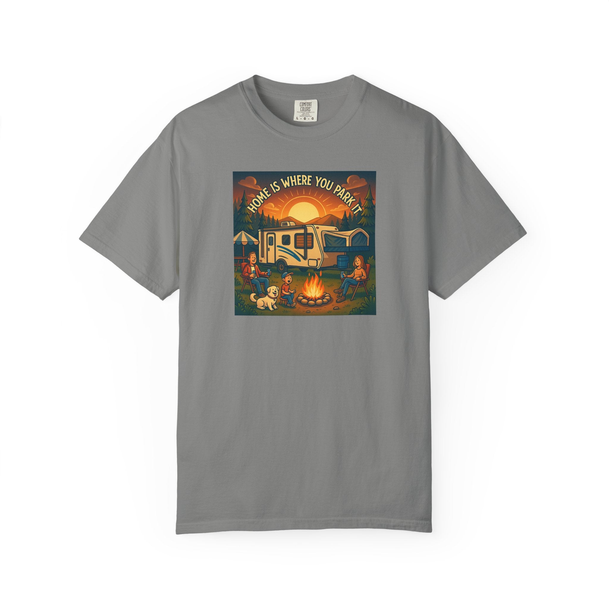 Home Is Where You Park T-shirt - Unisex Garment-Dyed Tee for Campers, Adventure Lovers, Outdoor Enthusiasts, Gift Idea