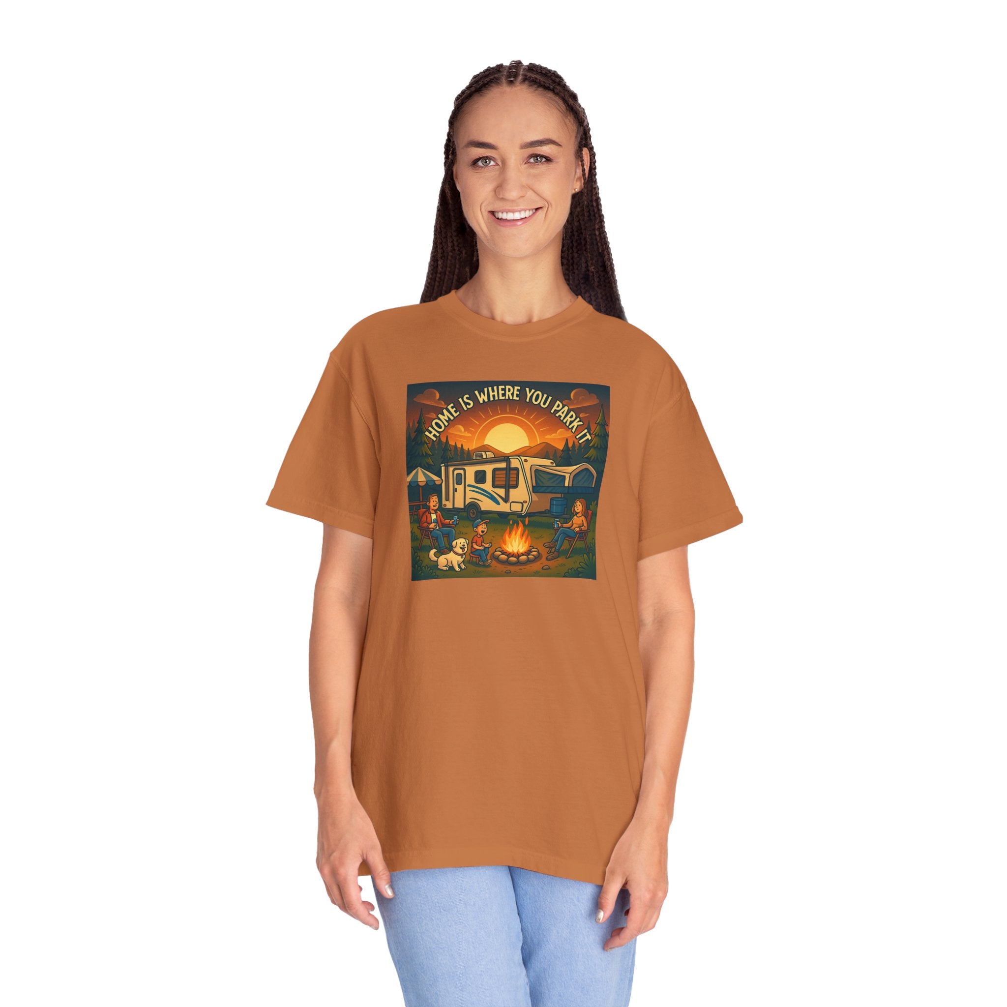 Home Is Where You Park T-shirt - Unisex Garment-Dyed Tee for Campers, Adventure Lovers, Outdoor Enthusiasts, Gift Idea