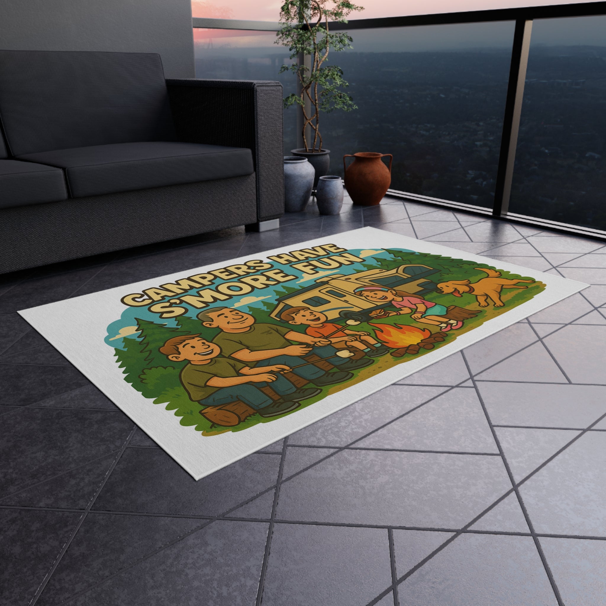 Campfire Fun Outdoor Rug, Family Camping Decor, Patio Mat, Garden Rug, Outdoor Entertaining, S'mores Themed
