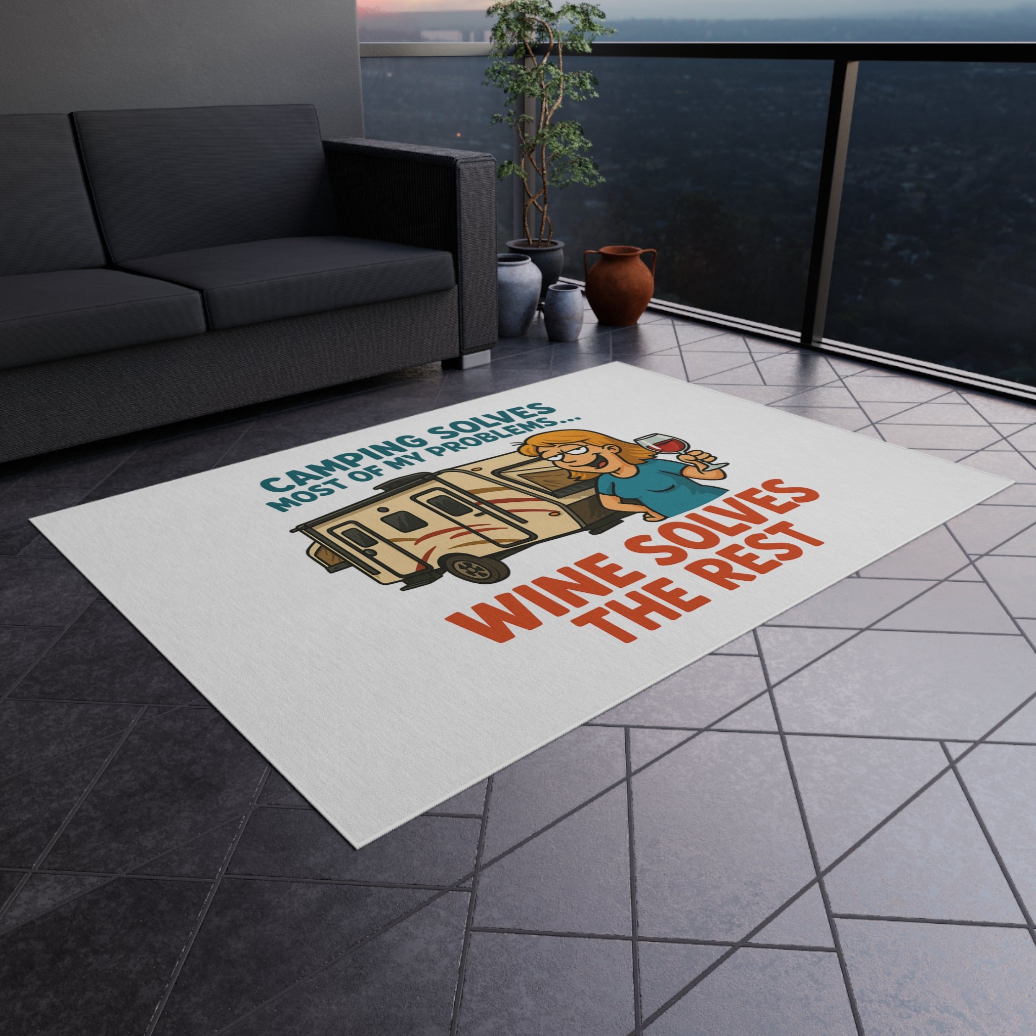 Camping Outdoor Rug - Wine Solves the Rest, Patio Decor, RV Accessories, Outdoor Living, Camping Gear