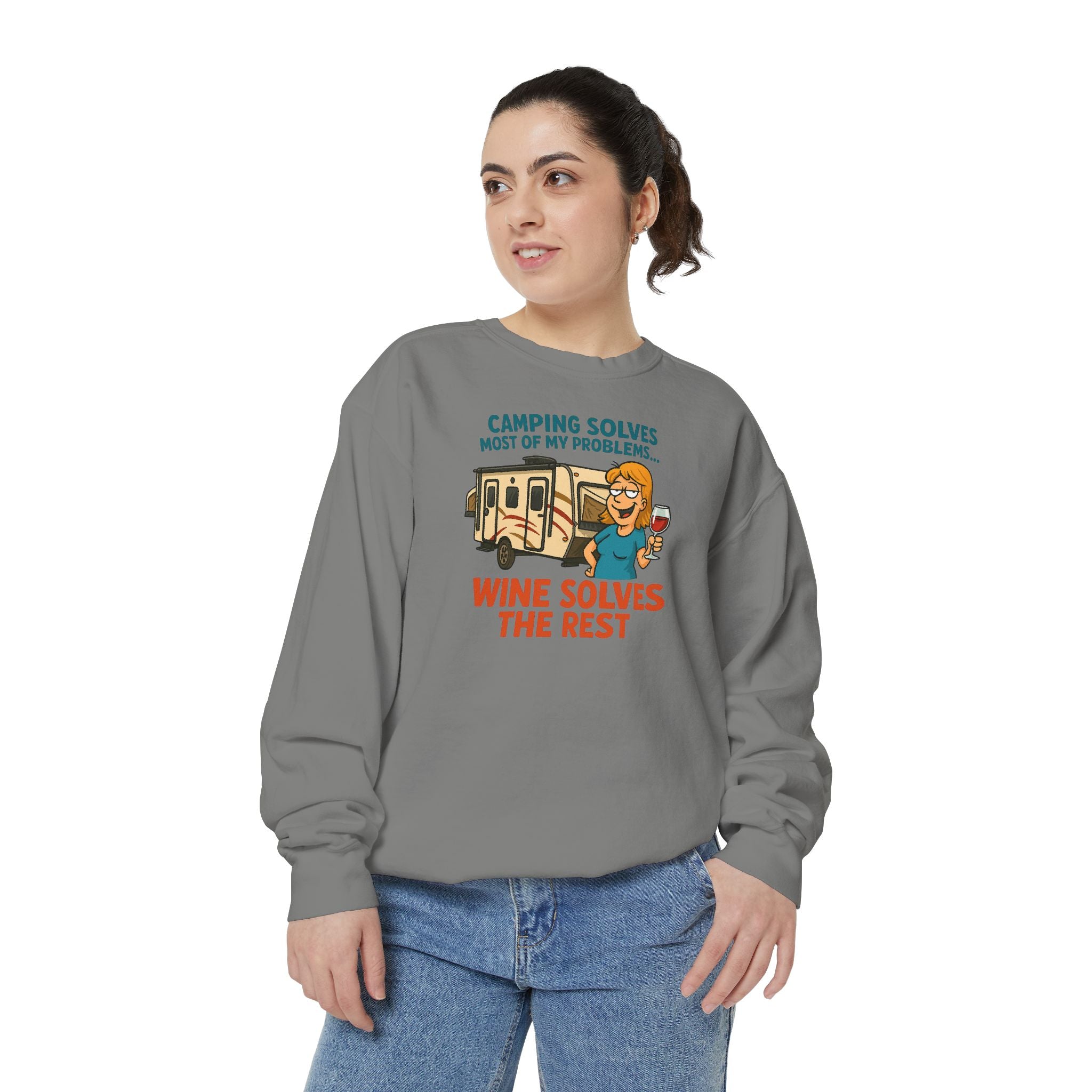 Camping Wine Sweatshirt | Unisex Garment-Dyed Pullover | Cozy Gift for Campers | Outdoor Adventures Apparel | Relaxed Fit Top