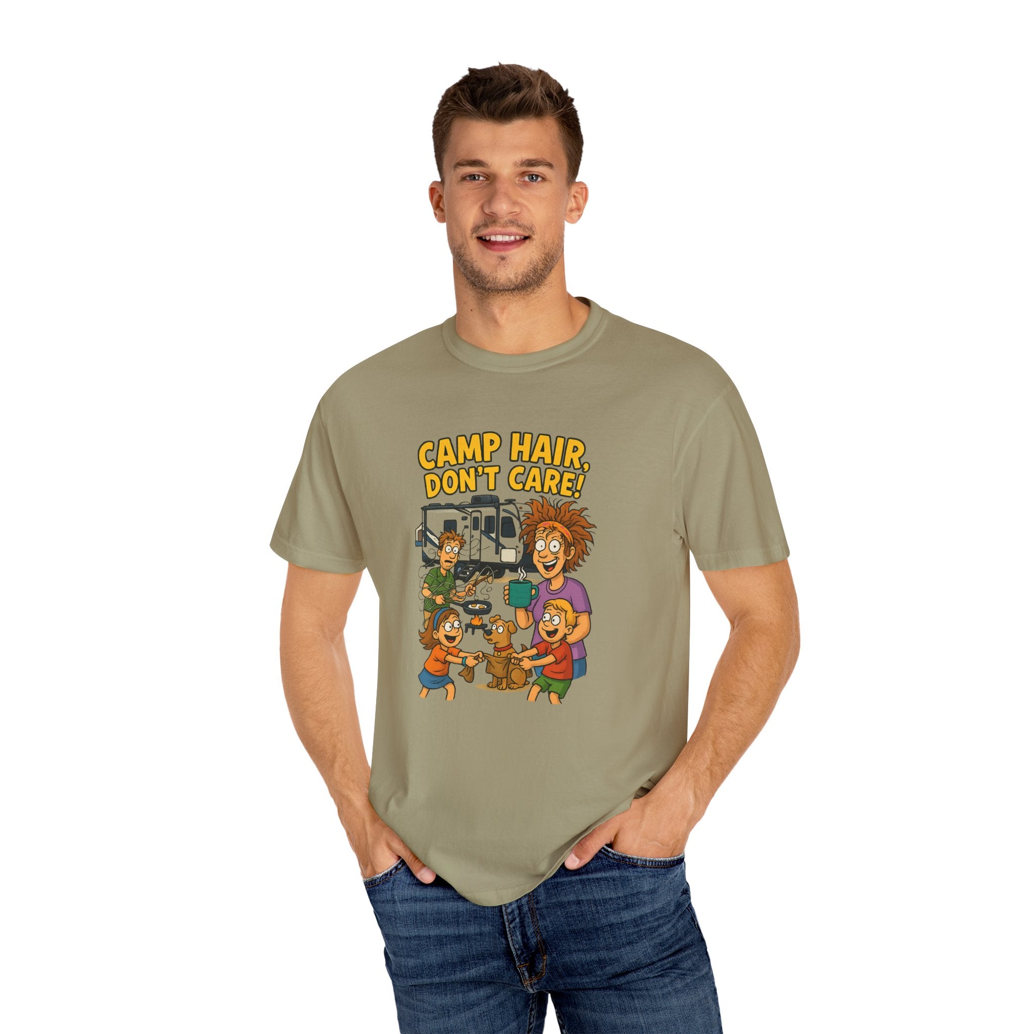 Camp Hair Don't Care T-Shirt, Unisex Garment-Dyed Tee, Camping Apparel, Funny Summer Shirt, Outdoor Lovers Gift, Vacation Essential