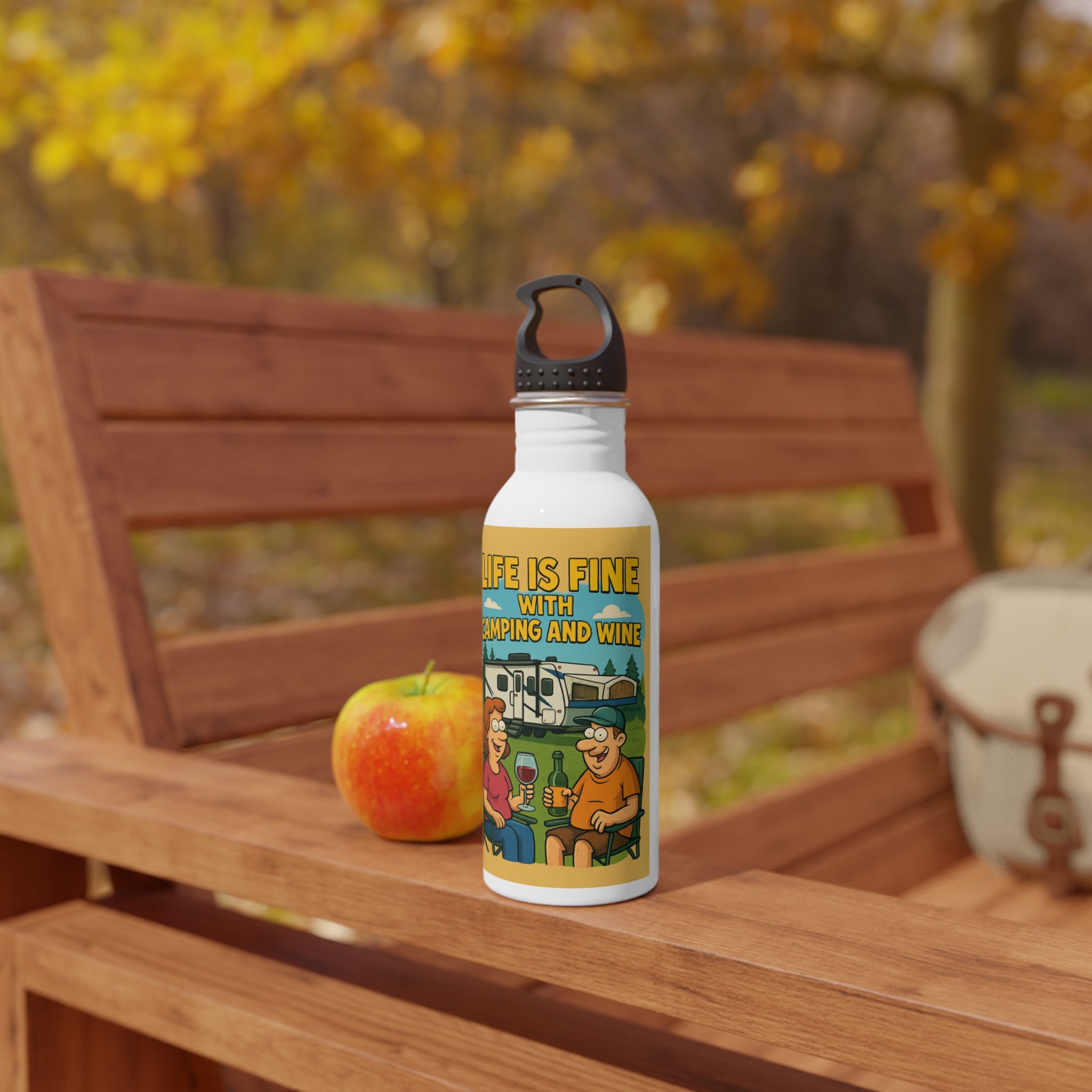 Camping and Wine Stainless Steel Water Bottle, Outdoor Adventure Drinkware, Hydration Gift, Travel Companion, RV Life, Summer Fun