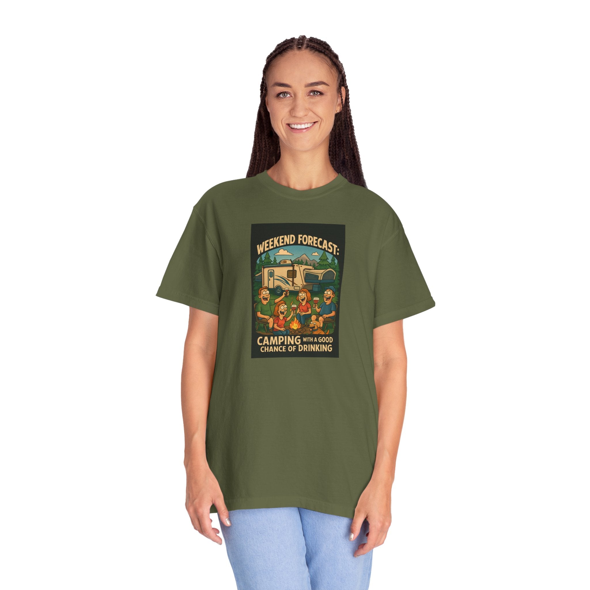 Camping Forecast T-Shirt, Unisex Graphic Tee, Gift for Campers, Outdoor Adventure Apparel, Weekend Getaway Shirt, Nature Lover's Tee