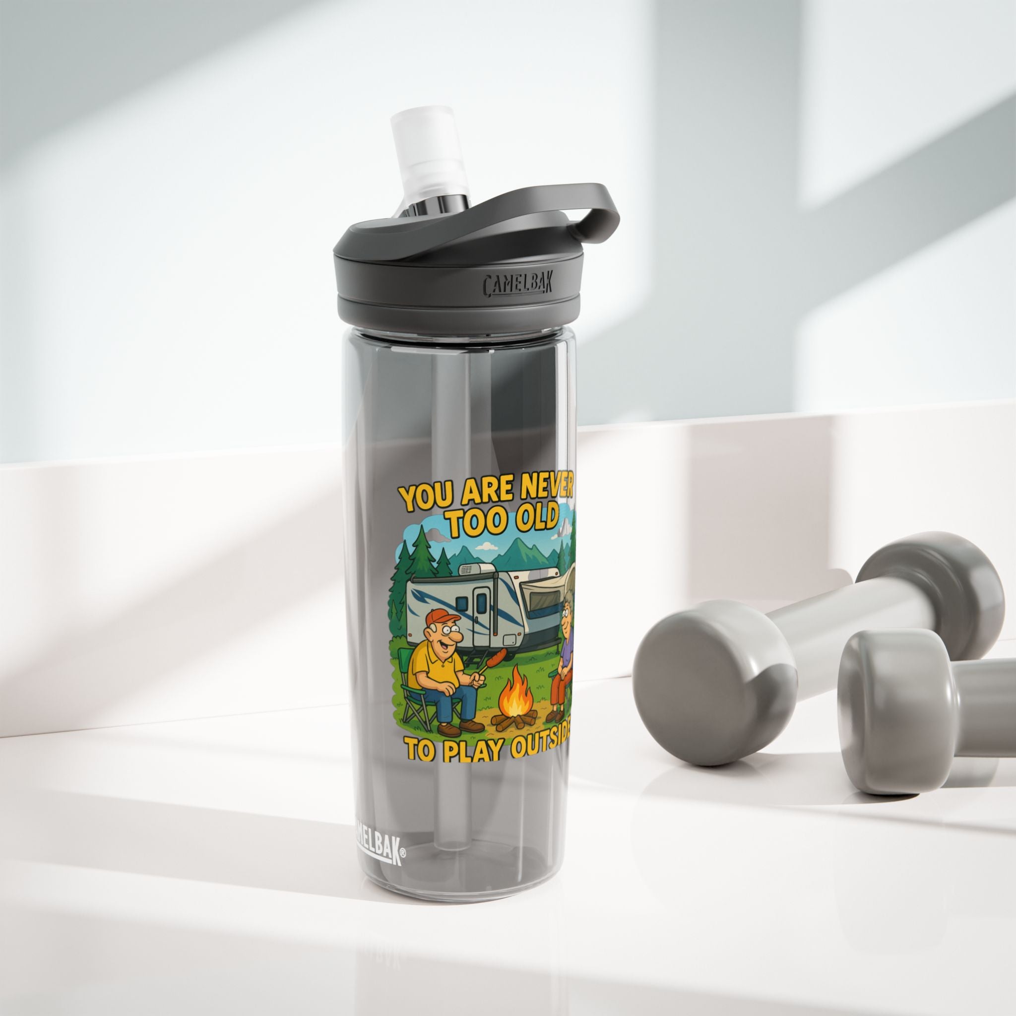 Vintage Camping Water Bottle - "You Are Never Too Old to Play Outside"