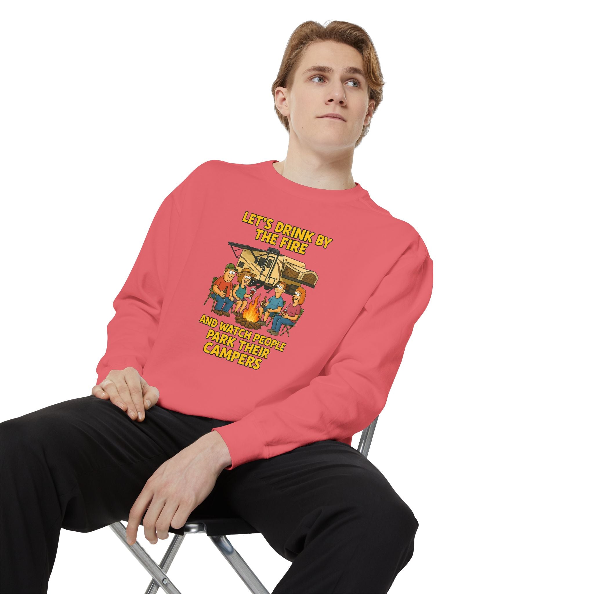 Cozy Campfire Sweatshirt - Let’s Drink by the Fire, Unisex Pullover, Perfect for Bonfires, Camping Trips, Outdoor Gatherings, Cozy Nights