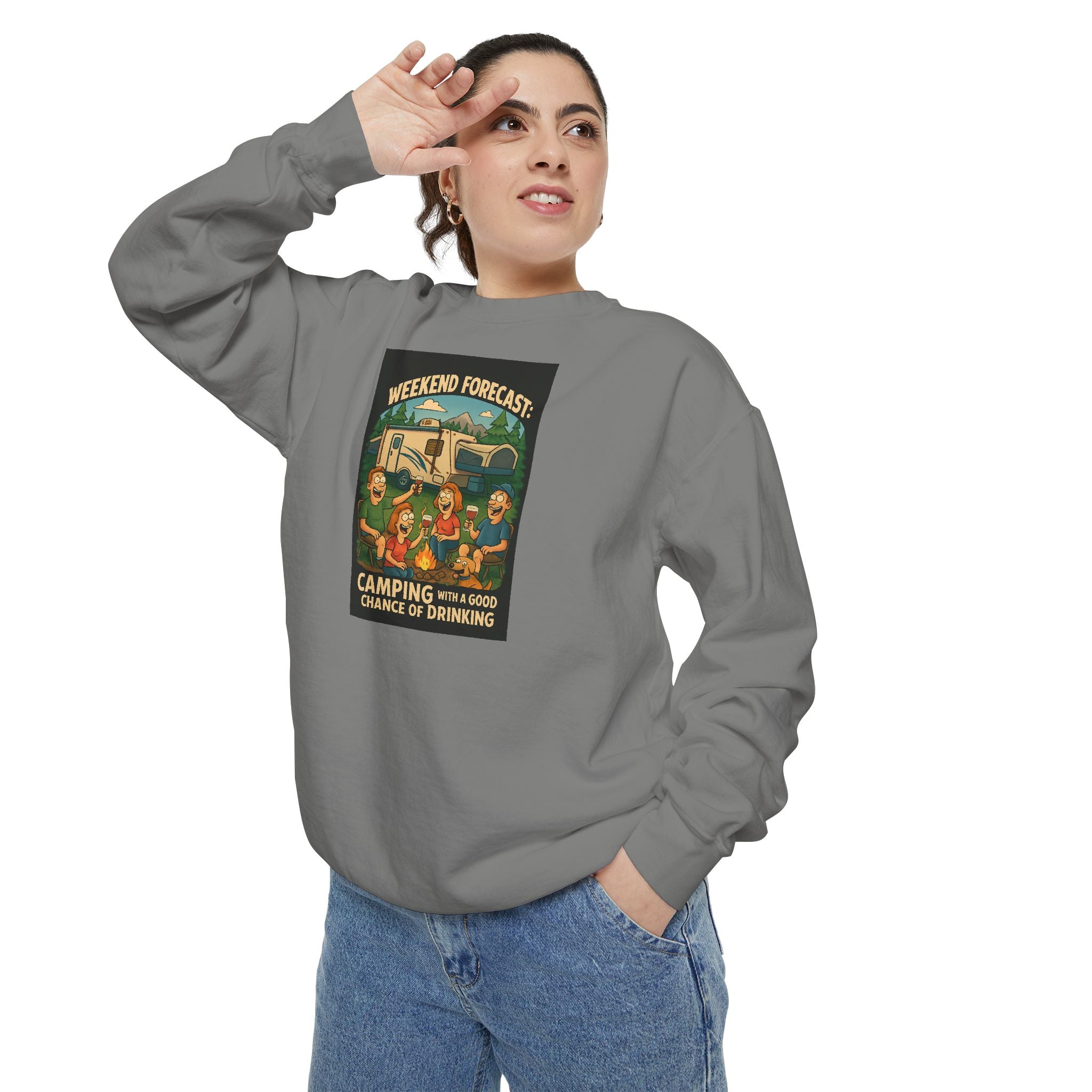 Weekend Forecast Camping Sweatshirt, Cozy Unisex Sweatshirt, Gift for Campers, Outdoor Adventure Apparel, Relaxed Fit Sweatshirt