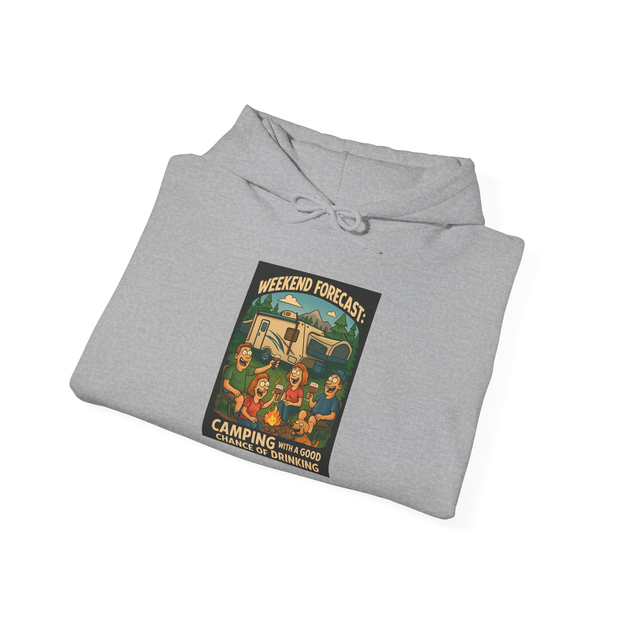 Camping Forecast Graphic Hoodie, Unisex Heavy Blend Sweatshirt, Outdoor Apparel, Weekend Getaway Gift, Nature Lover Clothing