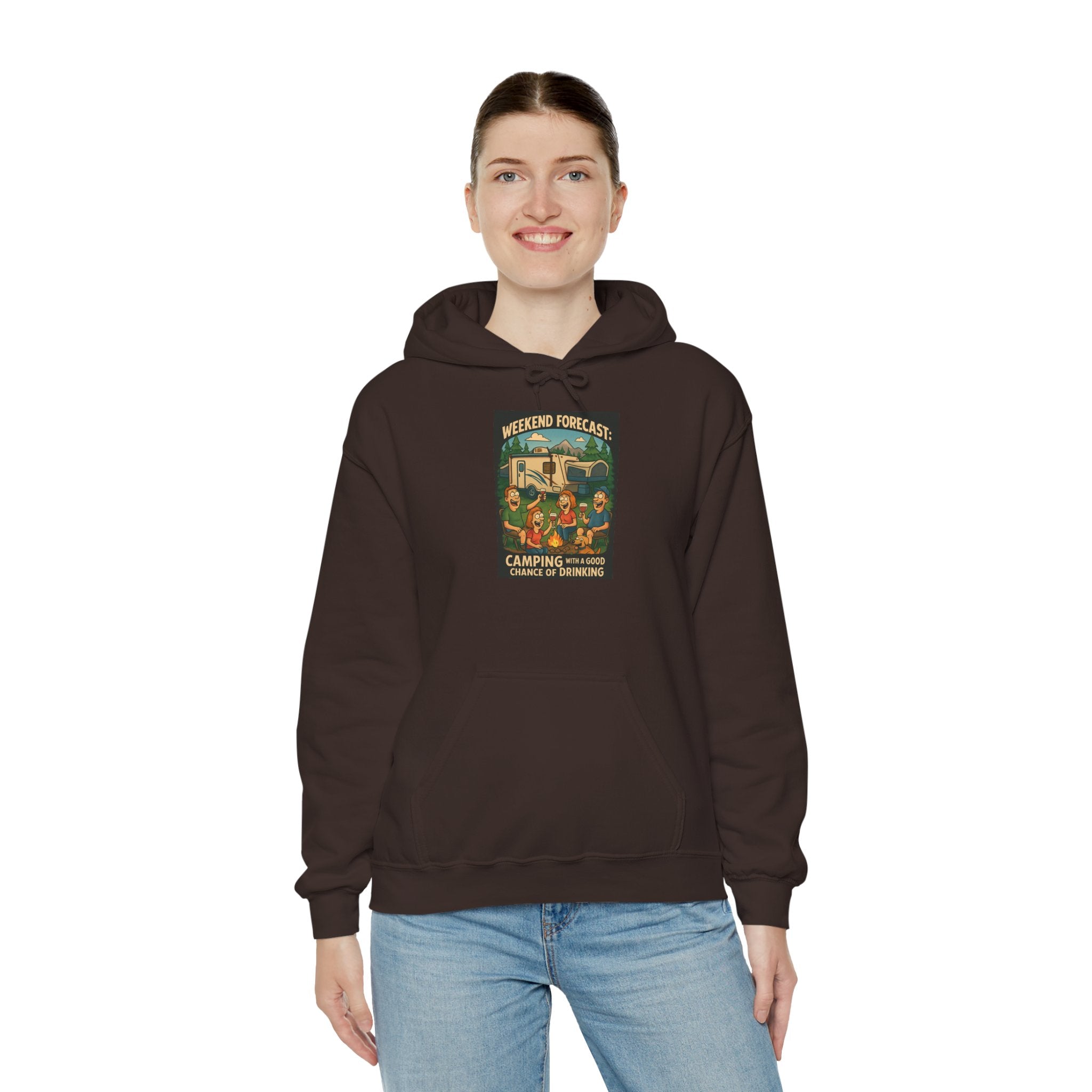 Camping Forecast Graphic Hoodie, Unisex Heavy Blend Sweatshirt, Outdoor Apparel, Weekend Getaway Gift, Nature Lover Clothing