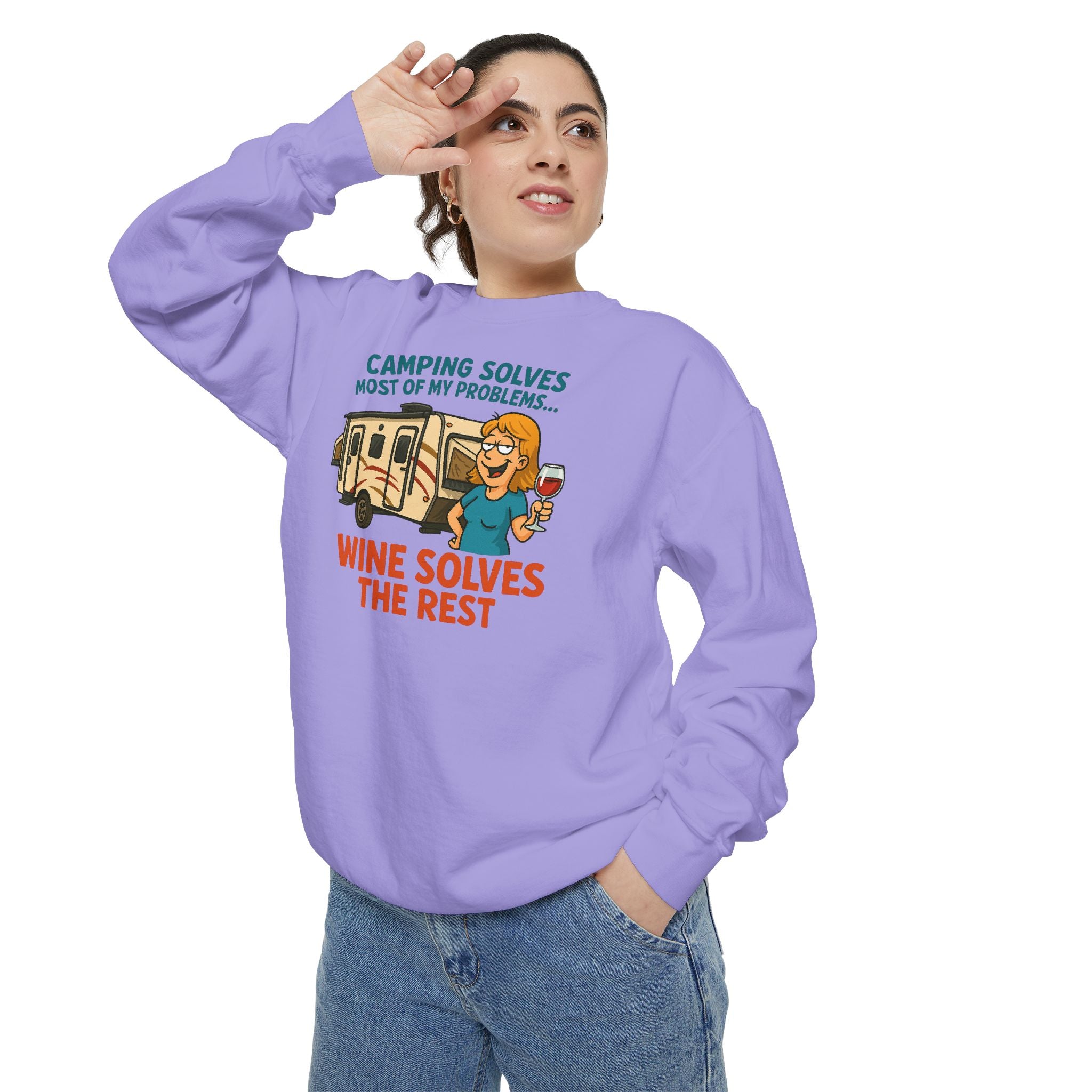 Camping Wine Sweatshirt | Unisex Garment-Dyed Pullover | Cozy Gift for Campers | Outdoor Adventures Apparel | Relaxed Fit Top