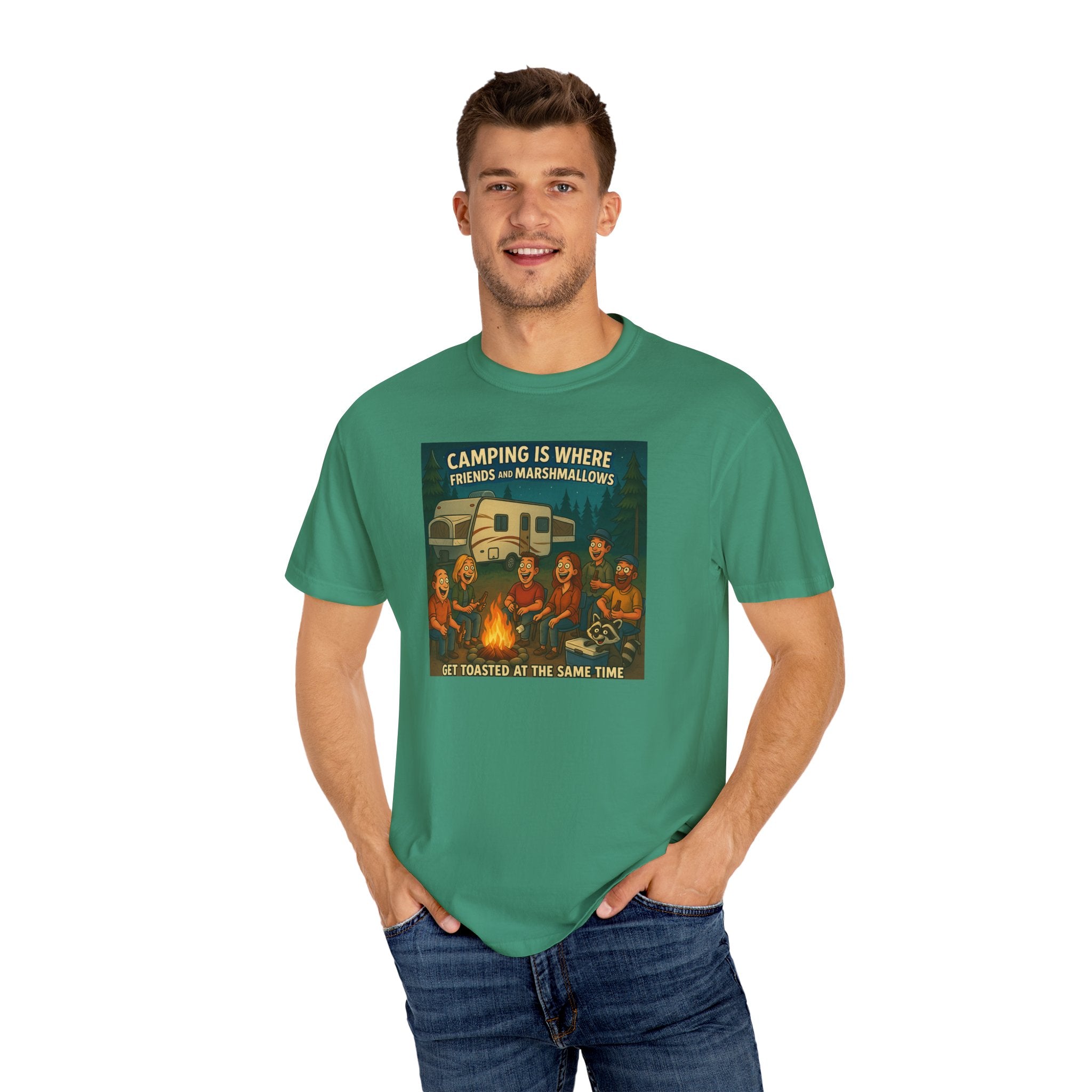 Camping T-Shirt: Get Toasted with Friends, Unisex Garment-Dyed Tee, Outdoor Adventure Shirt, Camping Gift, Summer BBQ Shirt, Family [...]