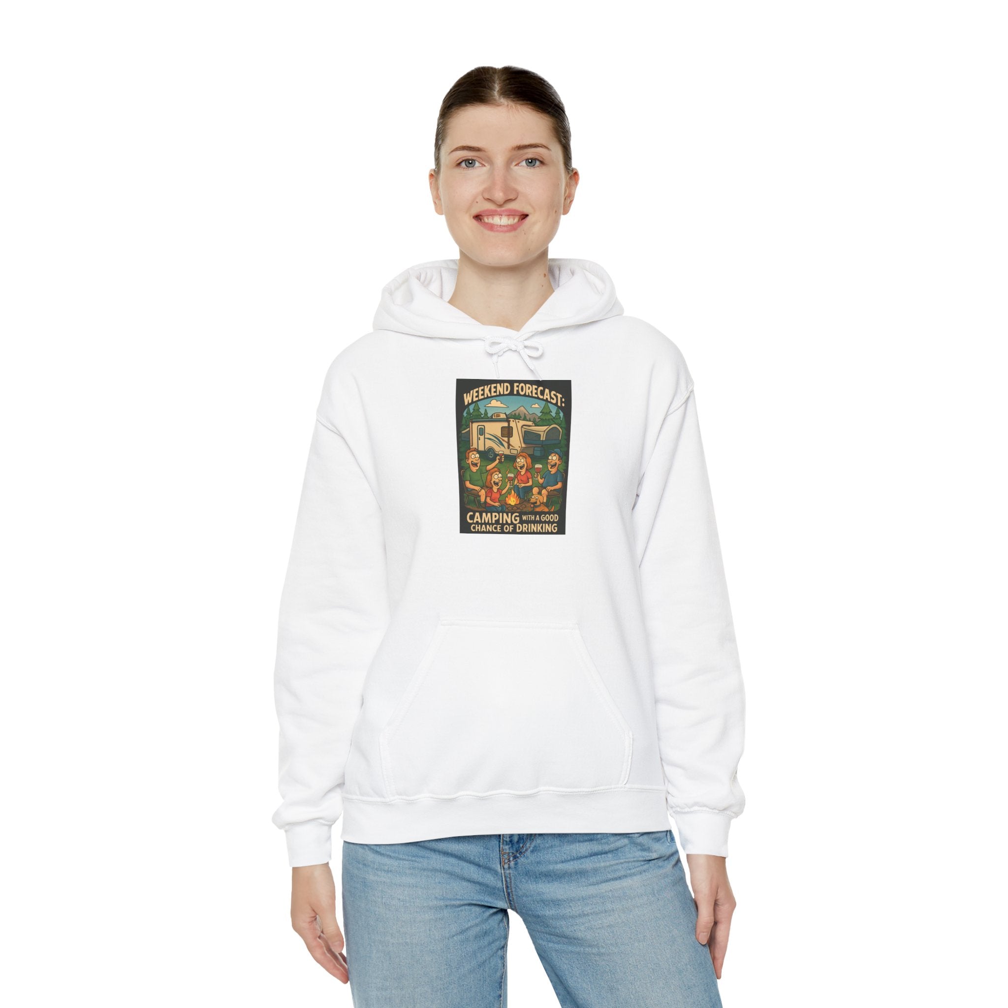 Camping Forecast Graphic Hoodie, Unisex Heavy Blend Sweatshirt, Outdoor Apparel, Weekend Getaway Gift, Nature Lover Clothing