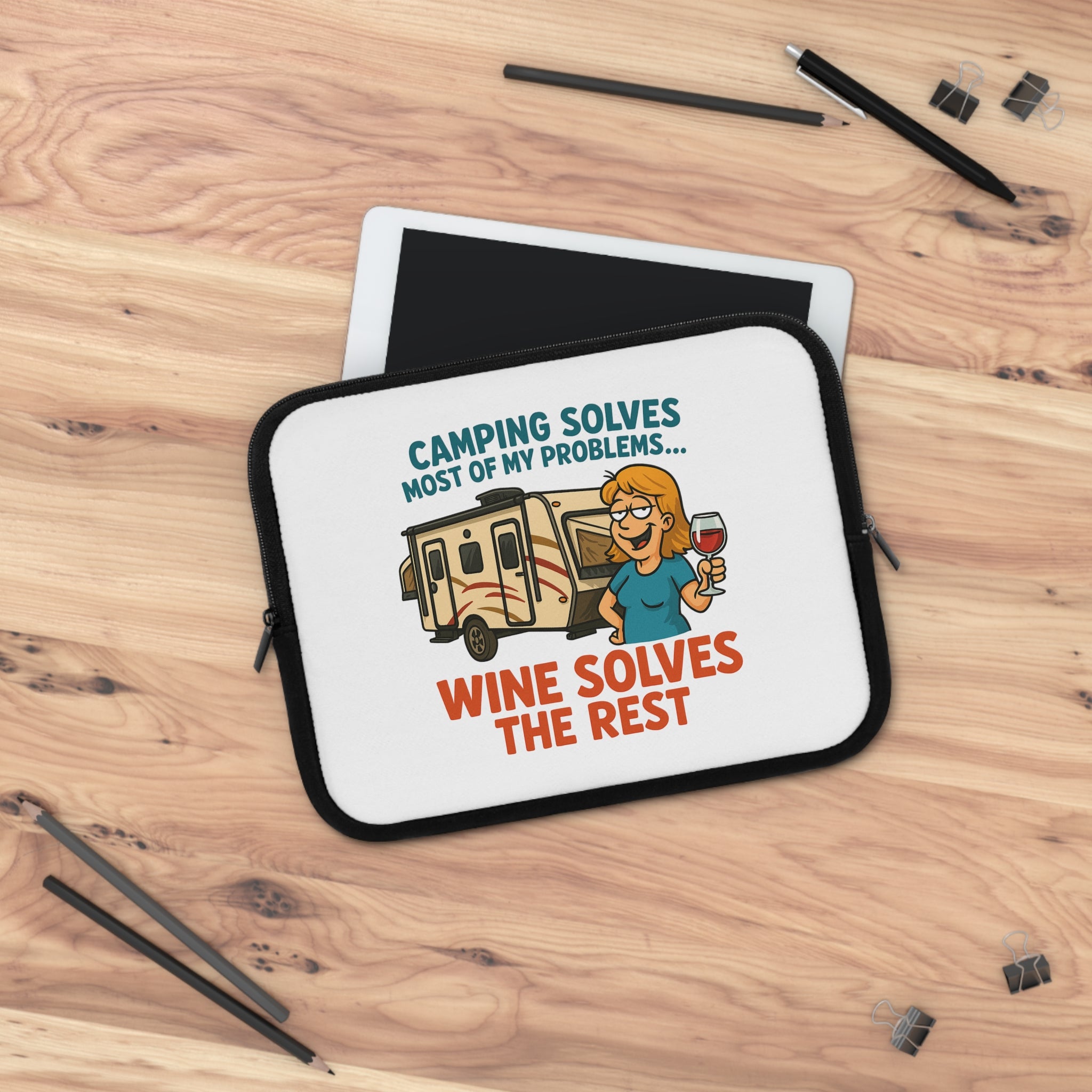 Camping Wine Lover's Laptop Sleeve, Neoprene Case, RV Gift, Wine Enthusiast Accessory, Outdoor Adventure Organizer