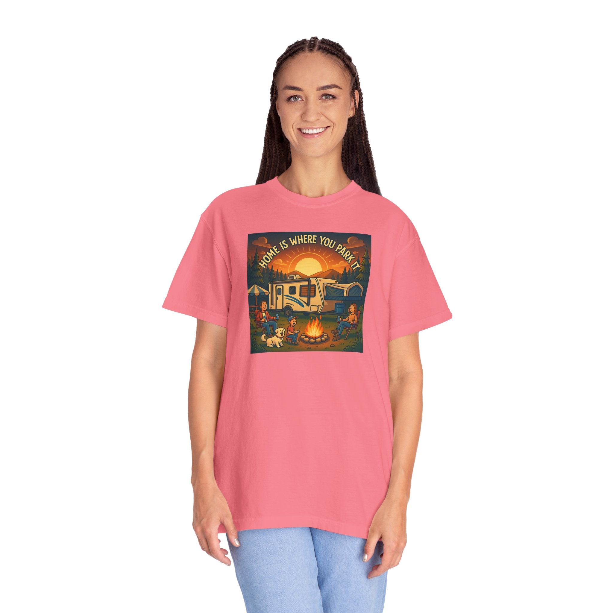 Home Is Where You Park T-shirt - Unisex Garment-Dyed Tee for Campers, Adventure Lovers, Outdoor Enthusiasts, Gift Idea