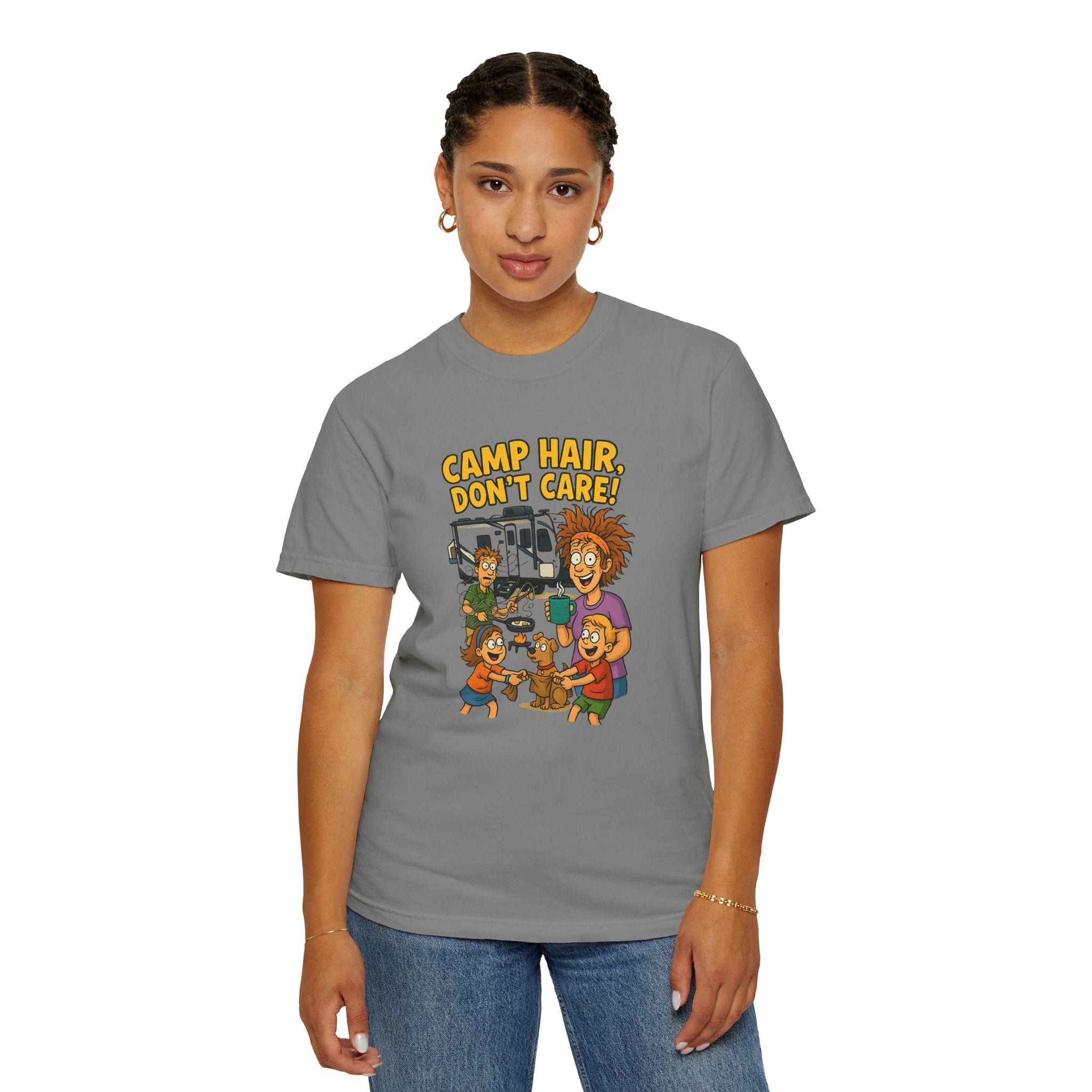 Camp Hair Don't Care T-Shirt, Unisex Garment-Dyed Tee, Camping Apparel, Funny Summer Shirt, Outdoor Lovers Gift, Vacation Essential