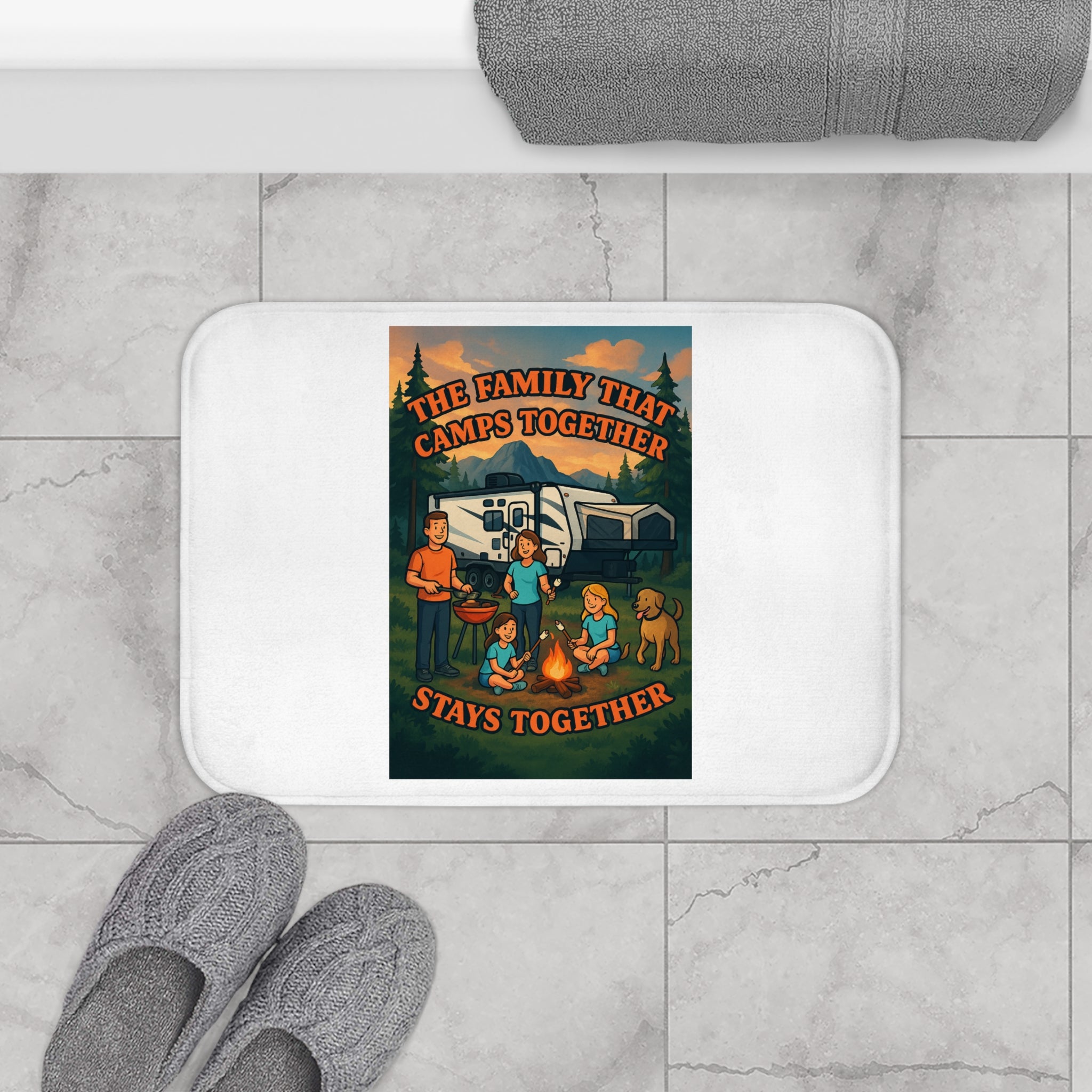 Camping Family Bath Mat - Cozy Rug for Home, Perfect Gift for Campers, RV Enthusiasts, Holiday Decor, Outdoor Lovers