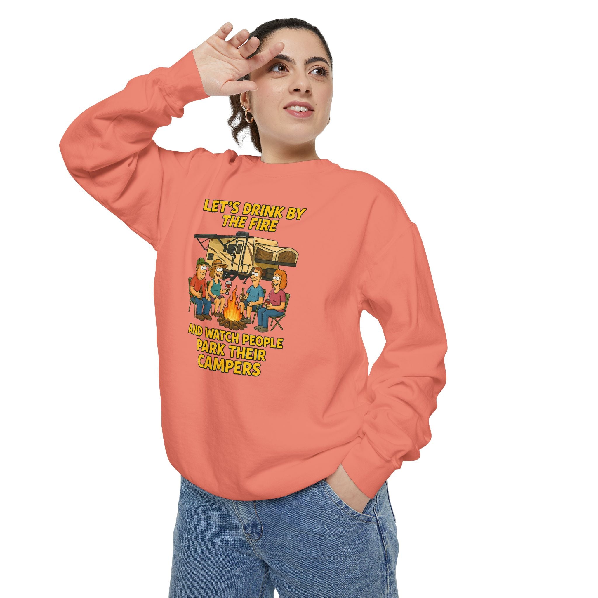 Cozy Campfire Sweatshirt - Let’s Drink by the Fire, Unisex Pullover, Perfect for Bonfires, Camping Trips, Outdoor Gatherings, Cozy Nights