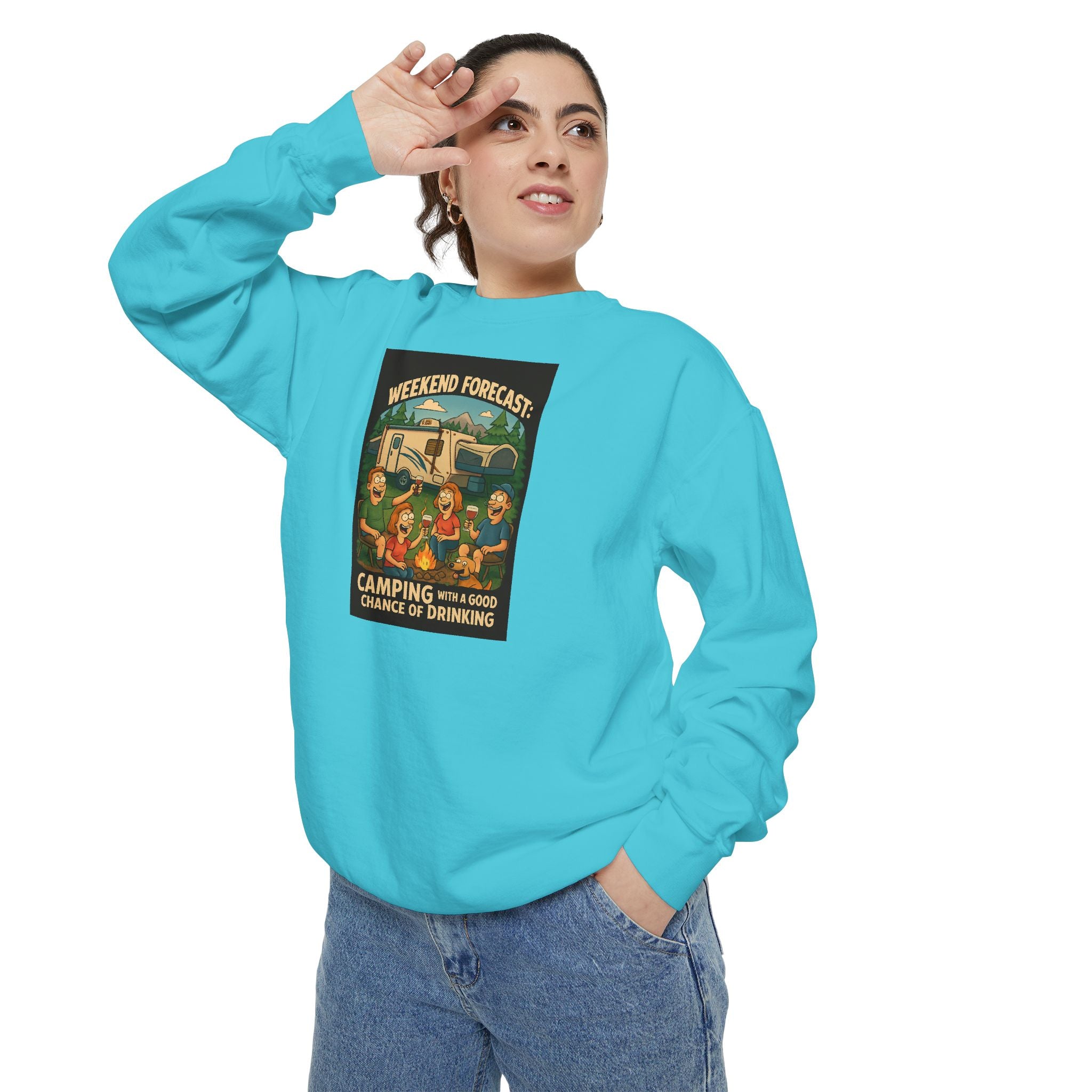 Weekend Forecast Camping Sweatshirt, Cozy Unisex Sweatshirt, Gift for Campers, Outdoor Adventure Apparel, Relaxed Fit Sweatshirt