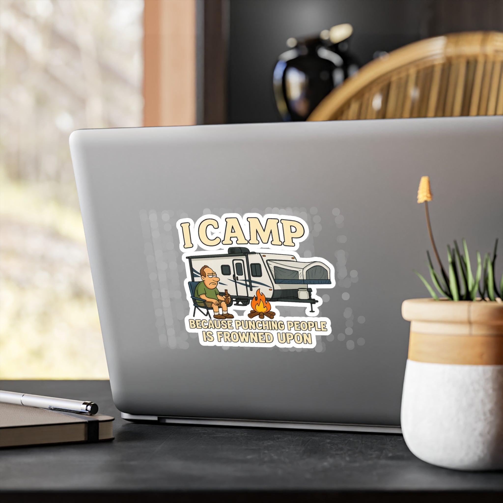 Camping Humor Vinyl Decal - 'I CAMP Because Punching People is Frowned Upon'