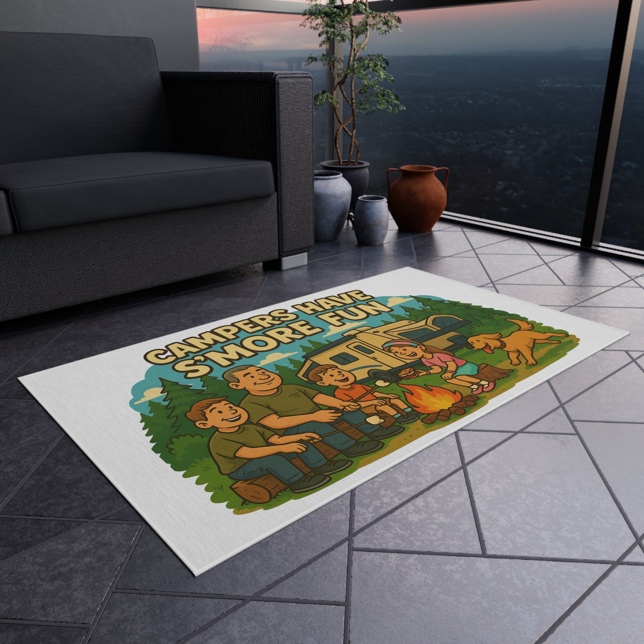 Campfire Fun Outdoor Rug, Family Camping Decor, Patio Mat, Garden Rug, Outdoor Entertaining, S'mores Themed