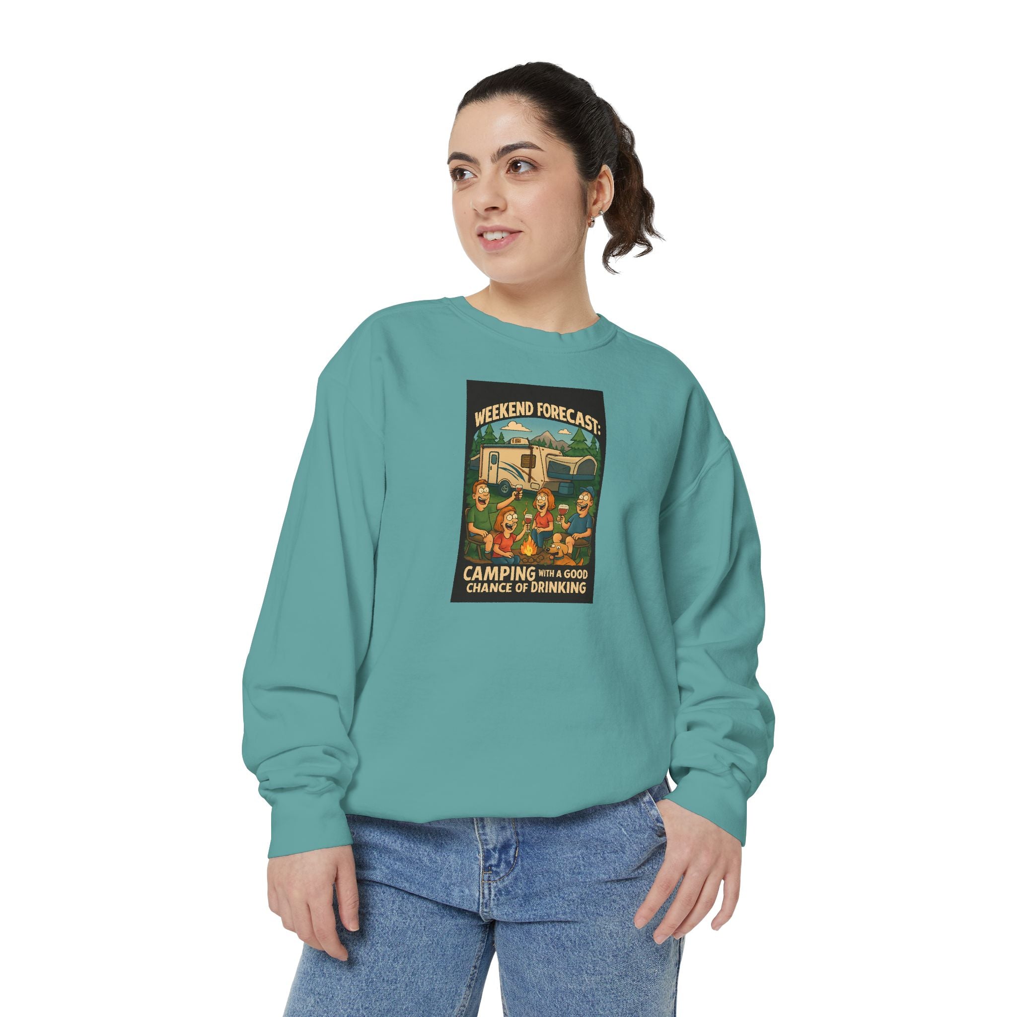 Weekend Forecast Camping Sweatshirt, Cozy Unisex Sweatshirt, Gift for Campers, Outdoor Adventure Apparel, Relaxed Fit Sweatshirt