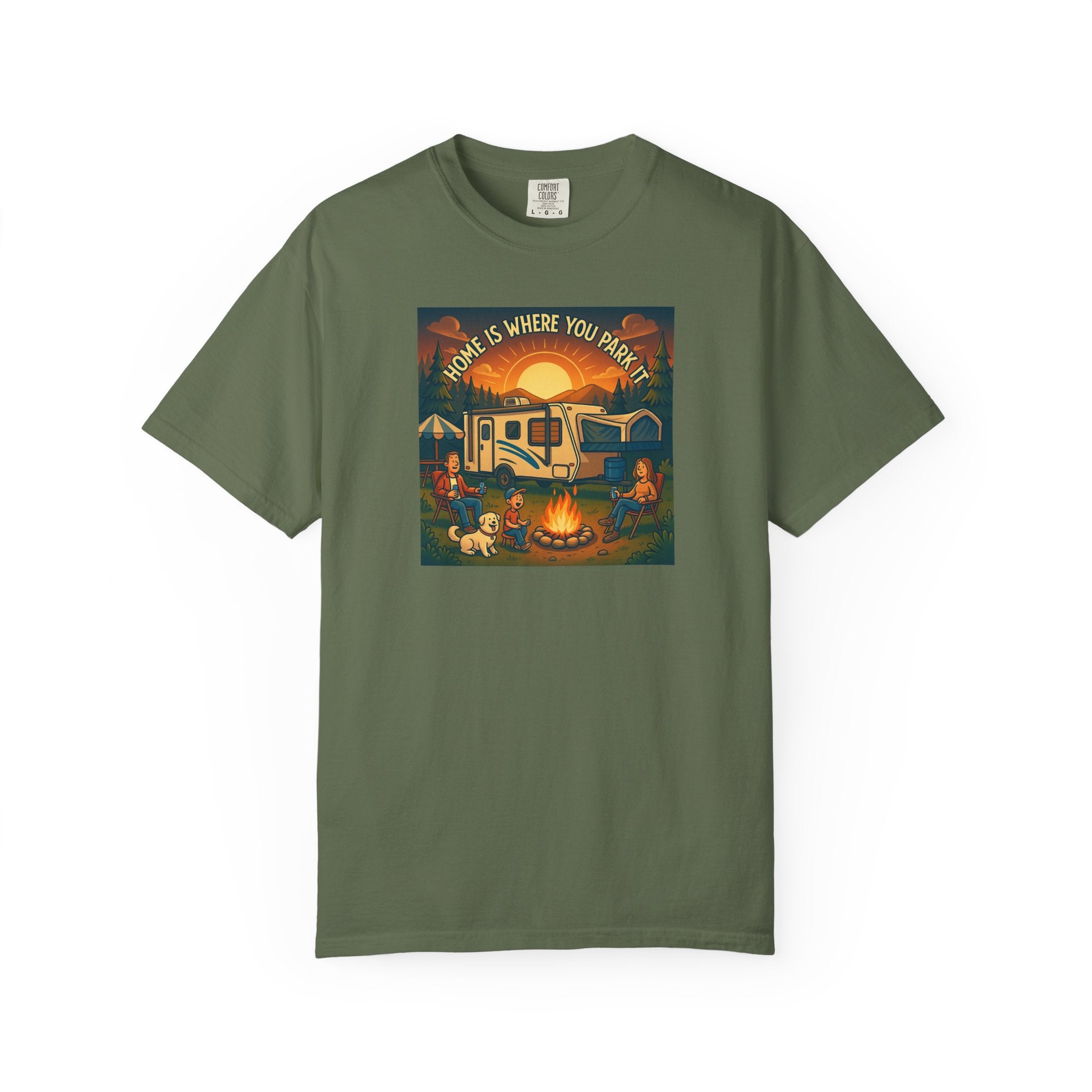 Home Is Where You Park T-shirt - Unisex Garment-Dyed Tee for Campers, Adventure Lovers, Outdoor Enthusiasts, Gift Idea