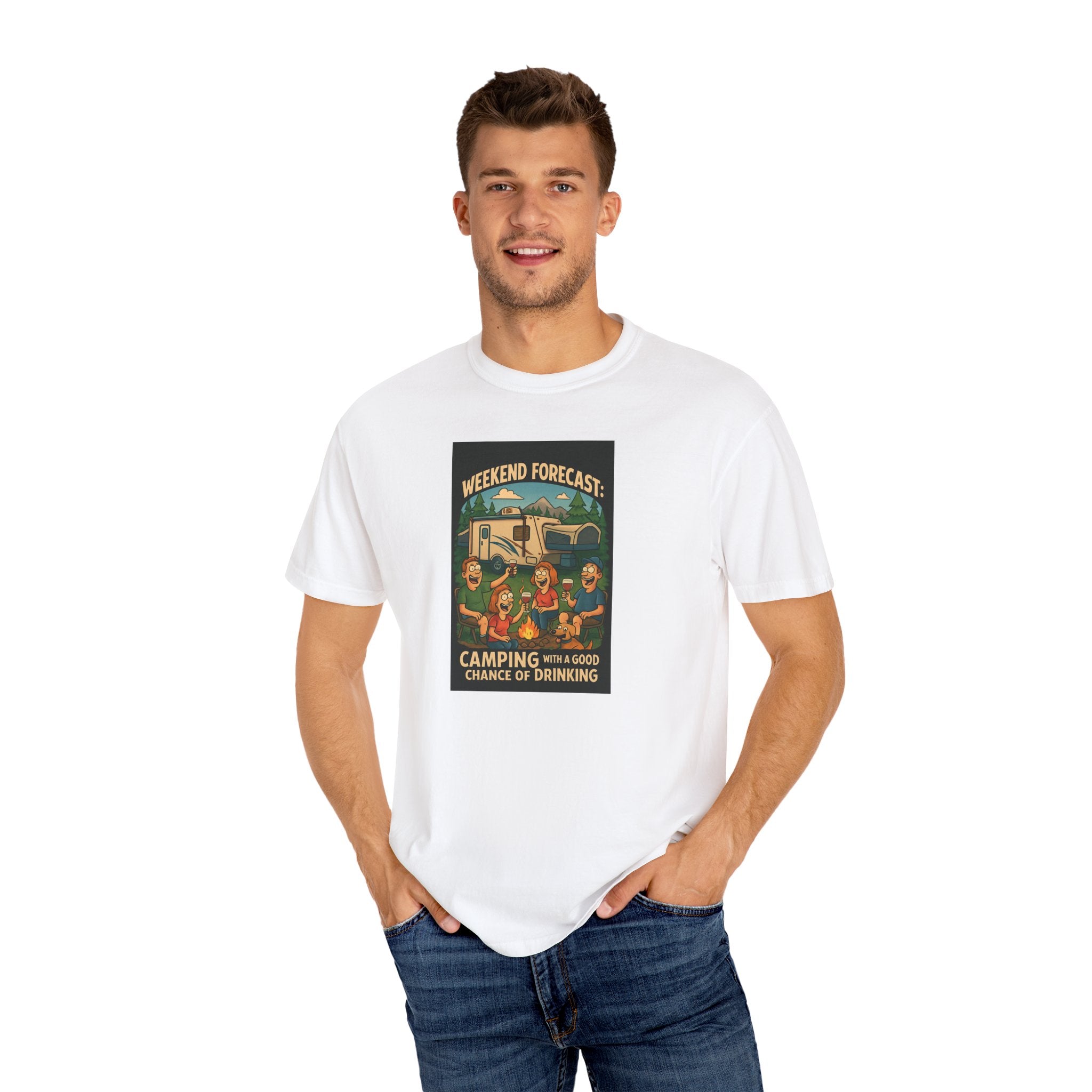 Camping Forecast T-Shirt, Unisex Graphic Tee, Gift for Campers, Outdoor Adventure Apparel, Weekend Getaway Shirt, Nature Lover's Tee