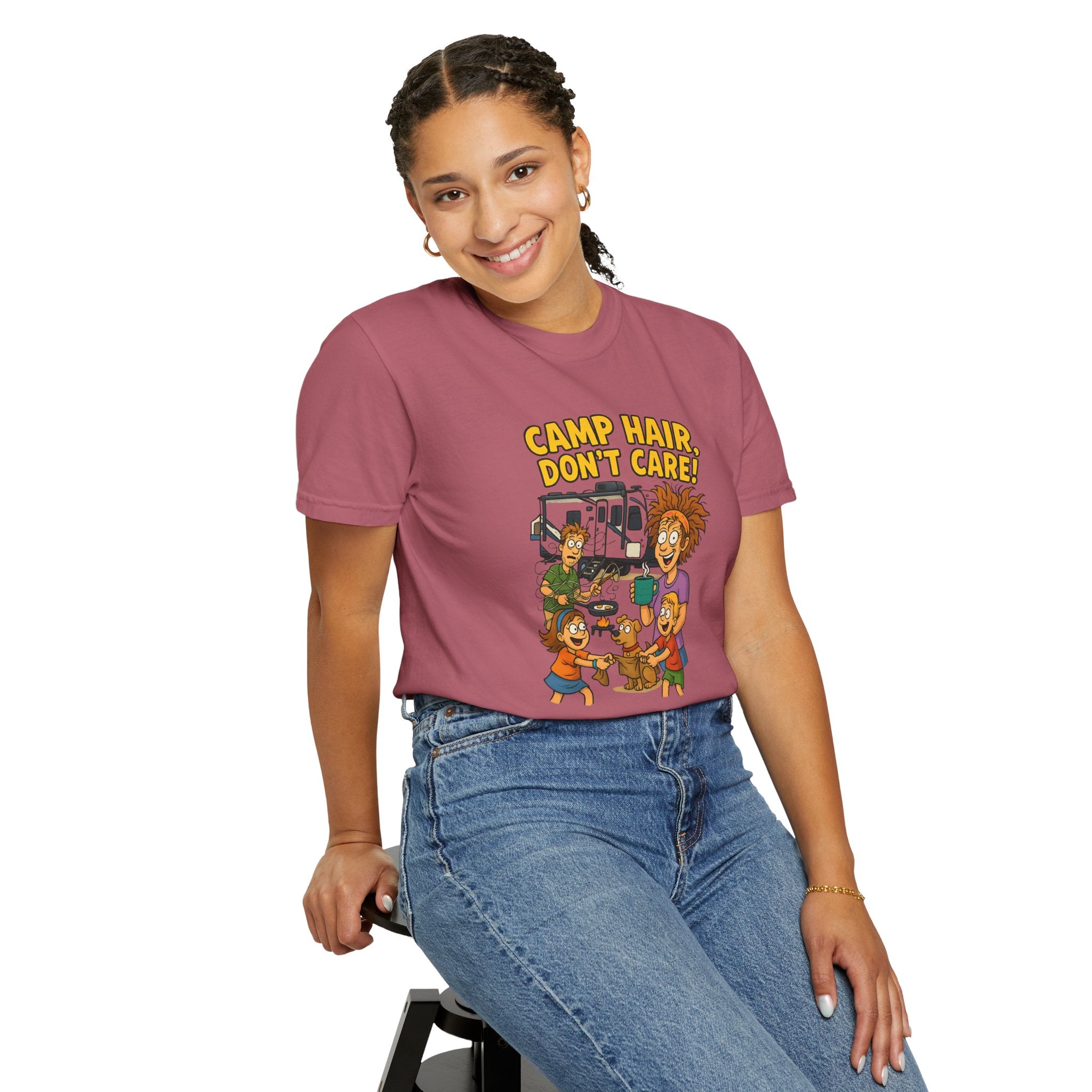 Camp Hair Don't Care T-Shirt, Unisex Garment-Dyed Tee, Camping Apparel, Funny Summer Shirt, Outdoor Lovers Gift, Vacation Essential