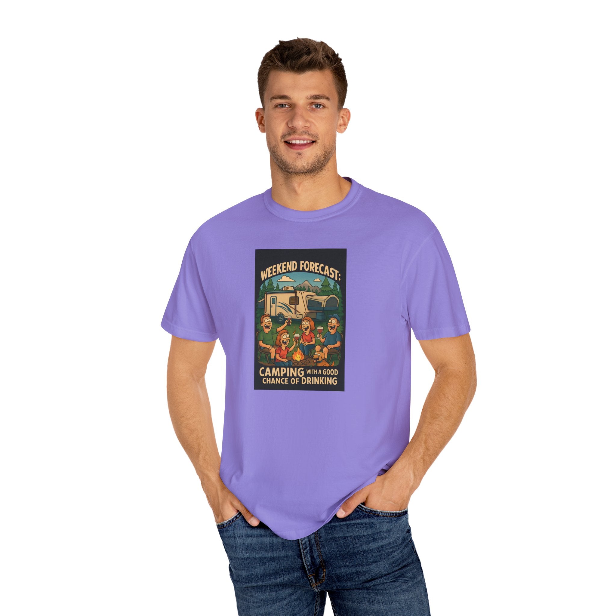 Camping Forecast T-Shirt, Unisex Graphic Tee, Gift for Campers, Outdoor Adventure Apparel, Weekend Getaway Shirt, Nature Lover's Tee