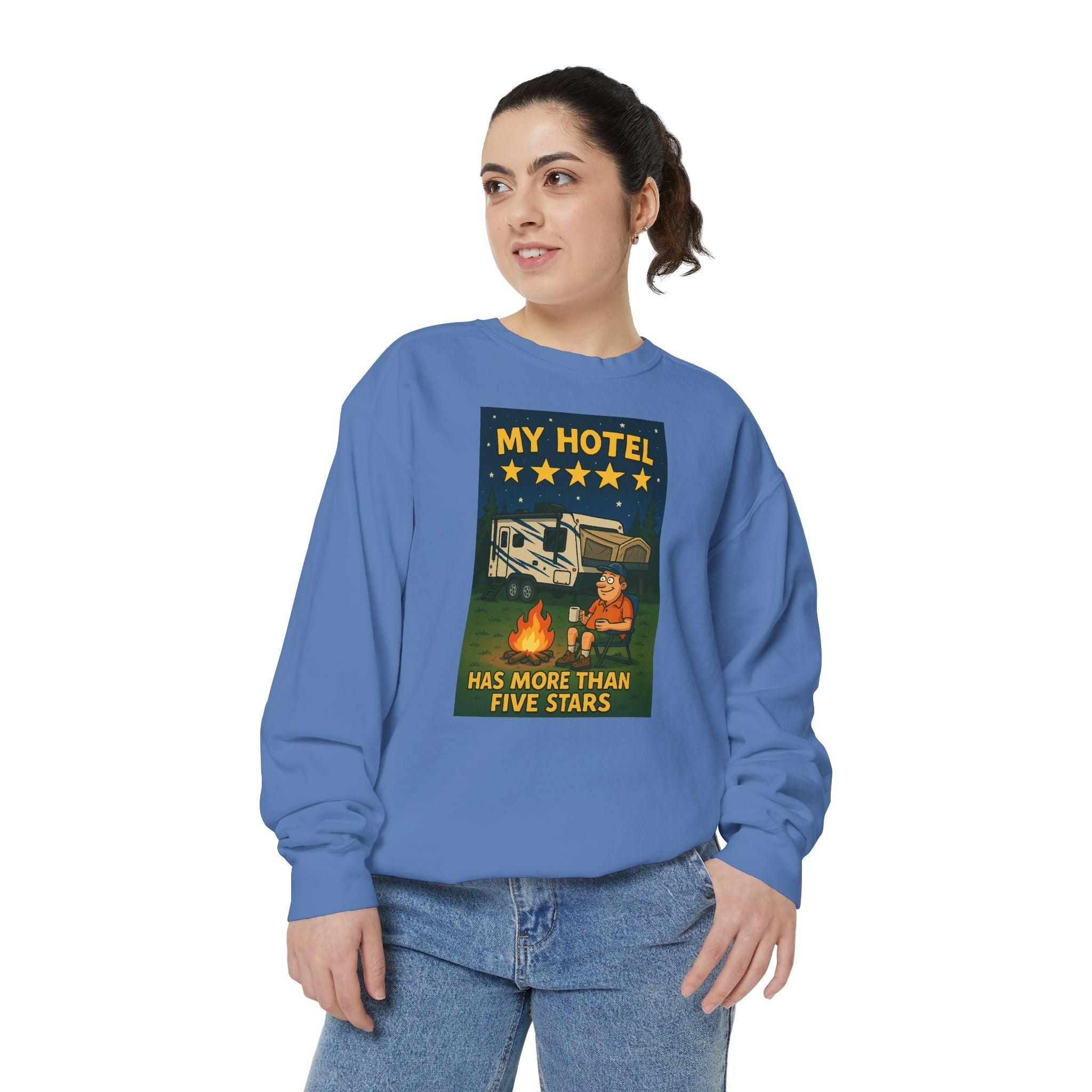 My Hotel Sweatshirt - Cozy Camping Apparel, Unisex Garment-Dyed Sweatshirt for Outdoor Lovers, Perfect for Bonfire Nights, Gift for Campers