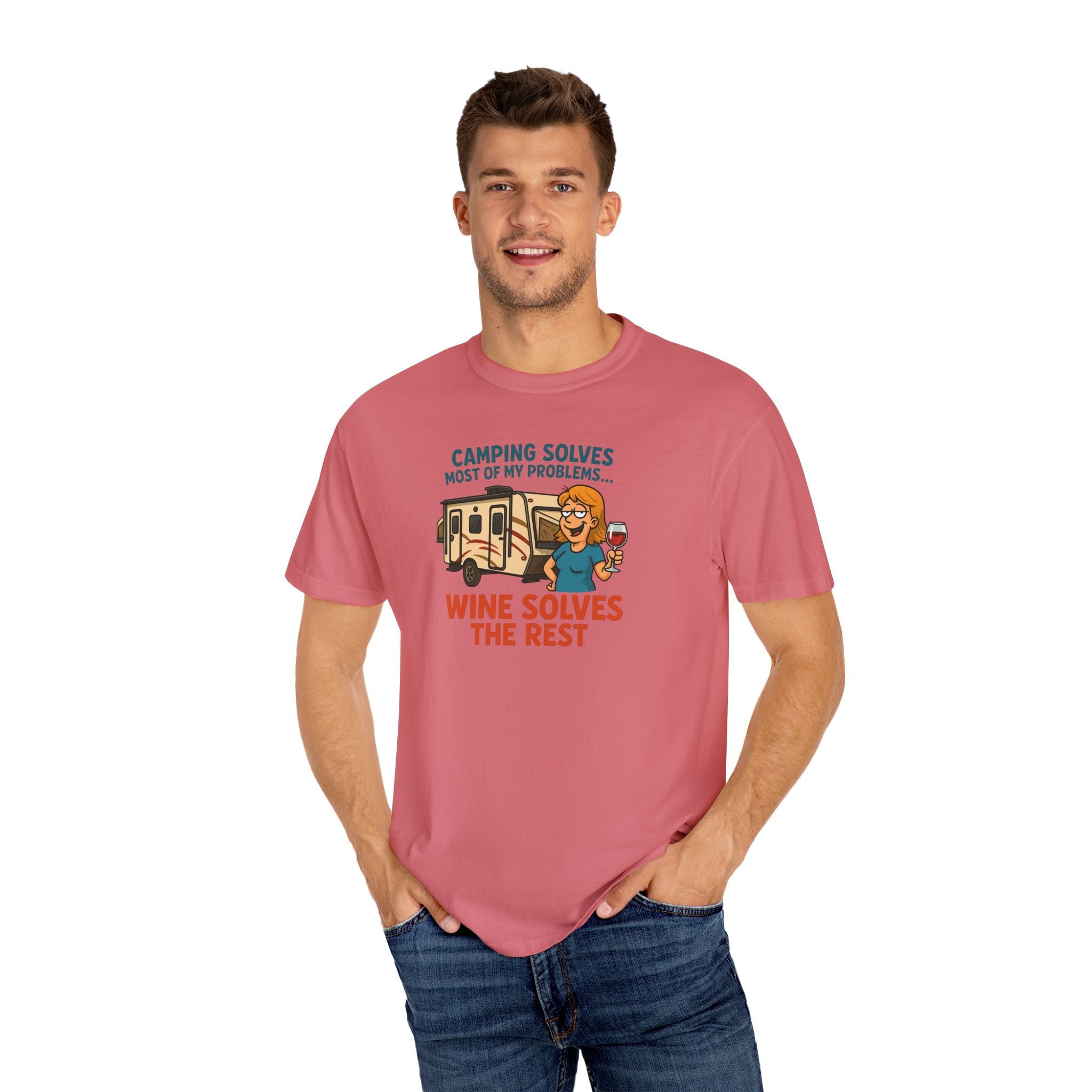 Camping & Wine Unisex T-Shirt, Relaxed Fit Tee, Perfect Gift for Campers, Wine Lovers, Outdoor Enthusiasts, Summer Celebrations